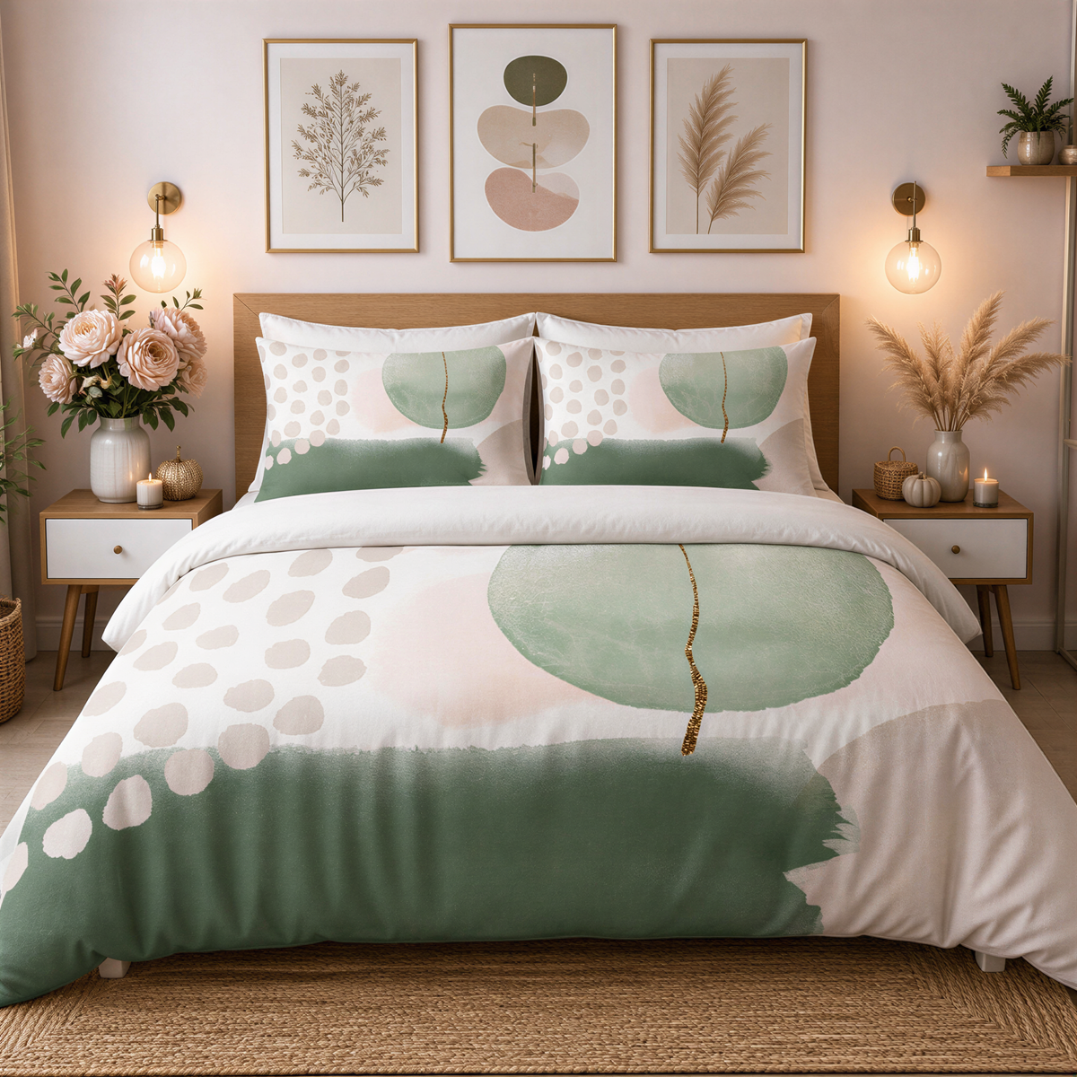 a well-decorated bedroom with a large bed, a wooden headboard, and three framed artworks on the wall above it. The bed is covered in a green and white patterned comforter, and there are two nightstands on either side of the bed with lamps on them. The room also features a vase of flowers, a potted plant, and a rug on the floor.
