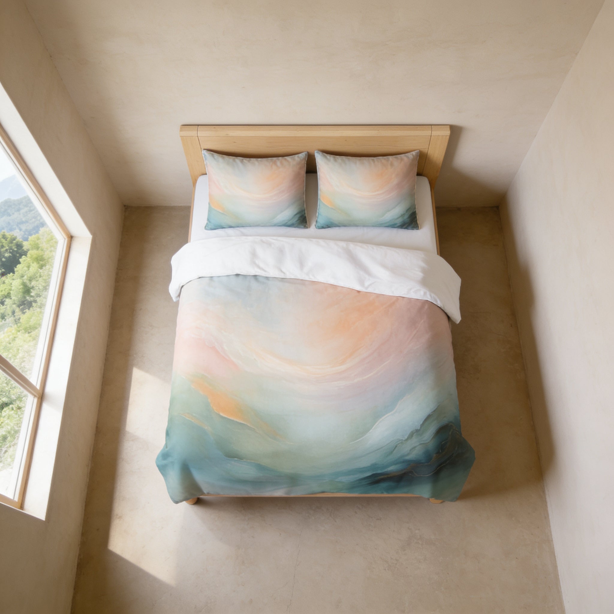 a bedroom with a bed featuring a colorful, abstract patterned comforter and pillows. The room has a minimalist design, with a window providing natural light and a view of the outdoors.