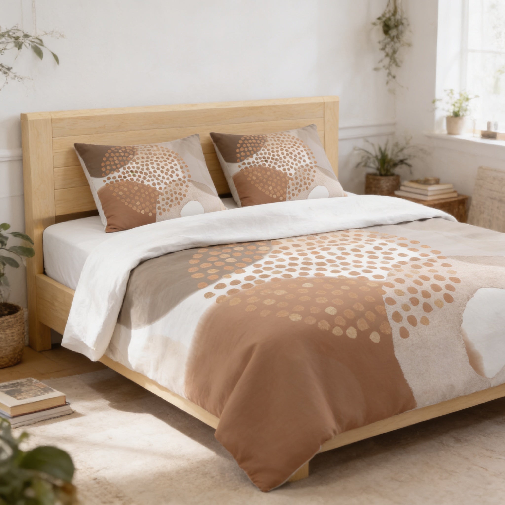 a cozy bedroom with a wooden bed frame, a white comforter with a pattern of brown and white dots, and two matching pillows. The room is decorated with potted plants and a window, creating a serene and inviting atmosphere.