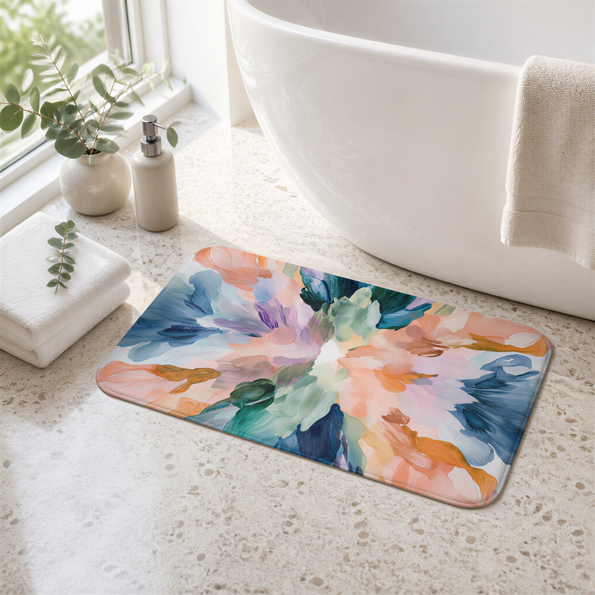 a bathroom with a colorful abstract patterned bath mat on the floor, a white bathtub, and various bathroom accessories such as a soap dispenser and a towel.