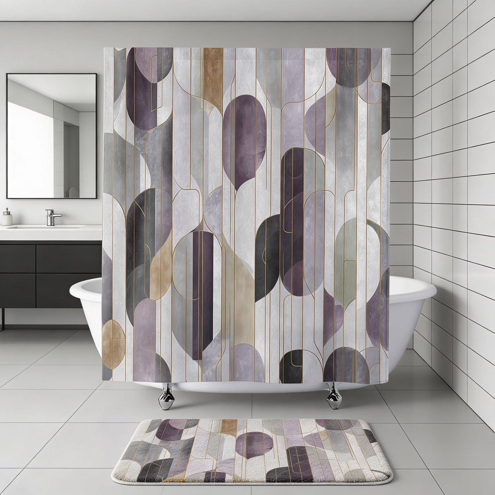 a modern bathroom with a large abstract patterned shower curtain, a white bathtub, and a rug on the floor.