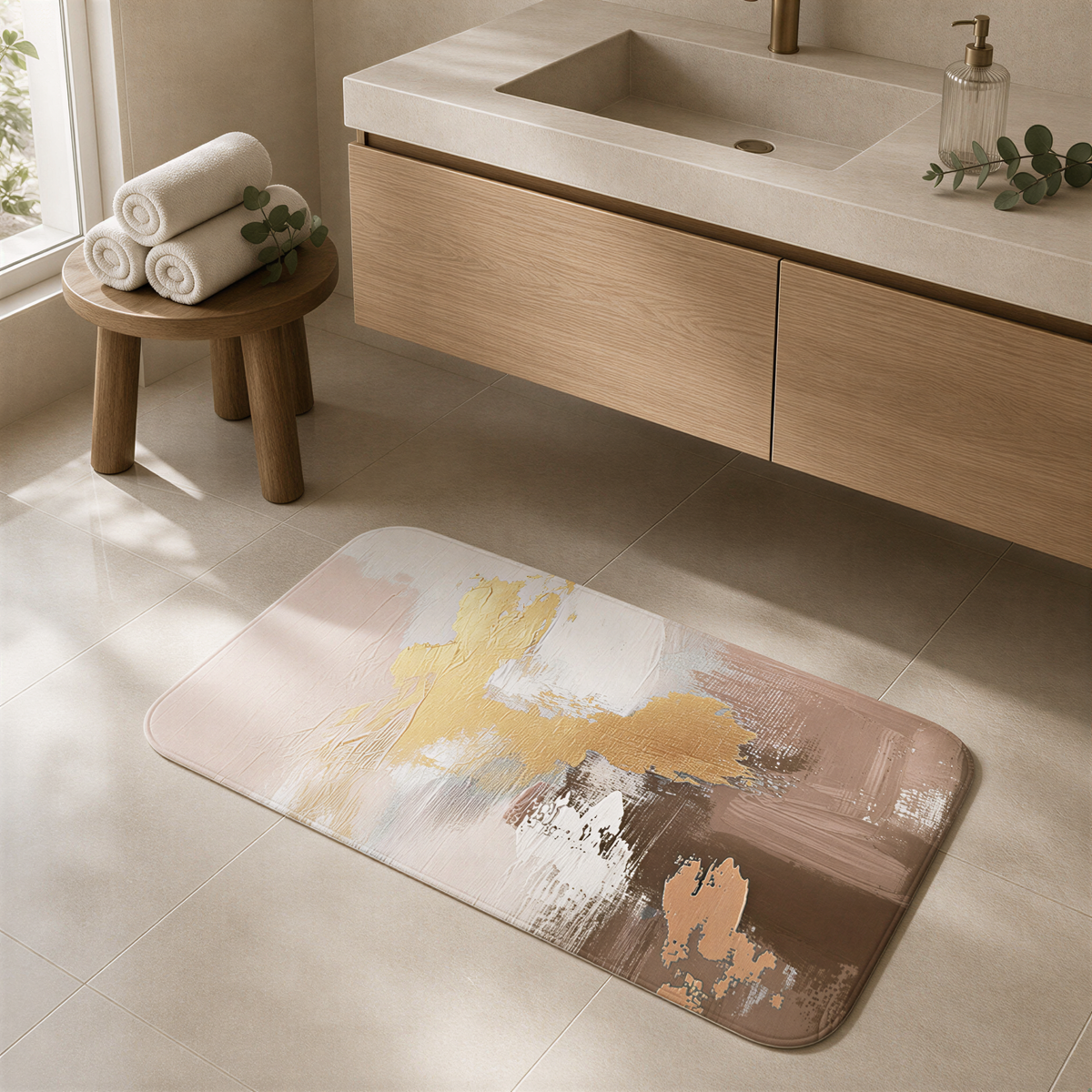 a bathroom with a wooden vanity, a sink, and a colorful abstract rug on the floor.