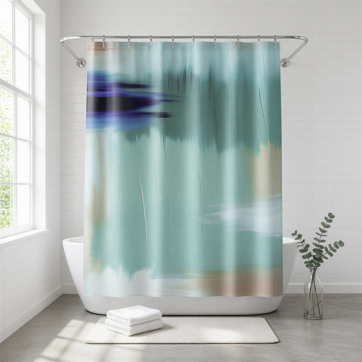 a bathroom with a large, abstract green and blue shower curtain hanging above a white bathtub. The curtain has a textured, brush-like pattern. Next to the bathtub, there is a small potted plant with green leaves, and a folded white towel is placed on the floor.
