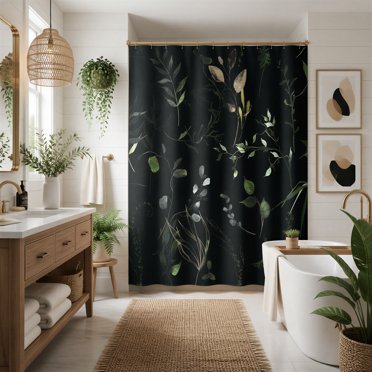 a modern and stylish bathroom with a large black curtain featuring a lush green plant design. The bathroom is well-decorated with potted plants, a rug, and a wooden vanity.