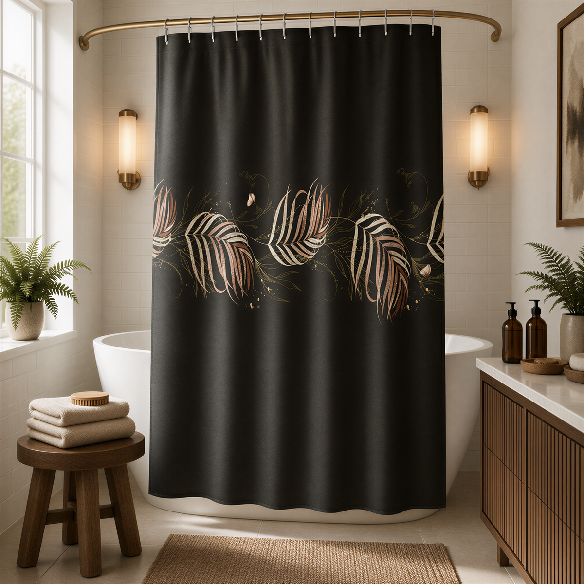 a bathroom with a black shower curtain featuring a leaf design, a white bathtub, and a wooden stool.