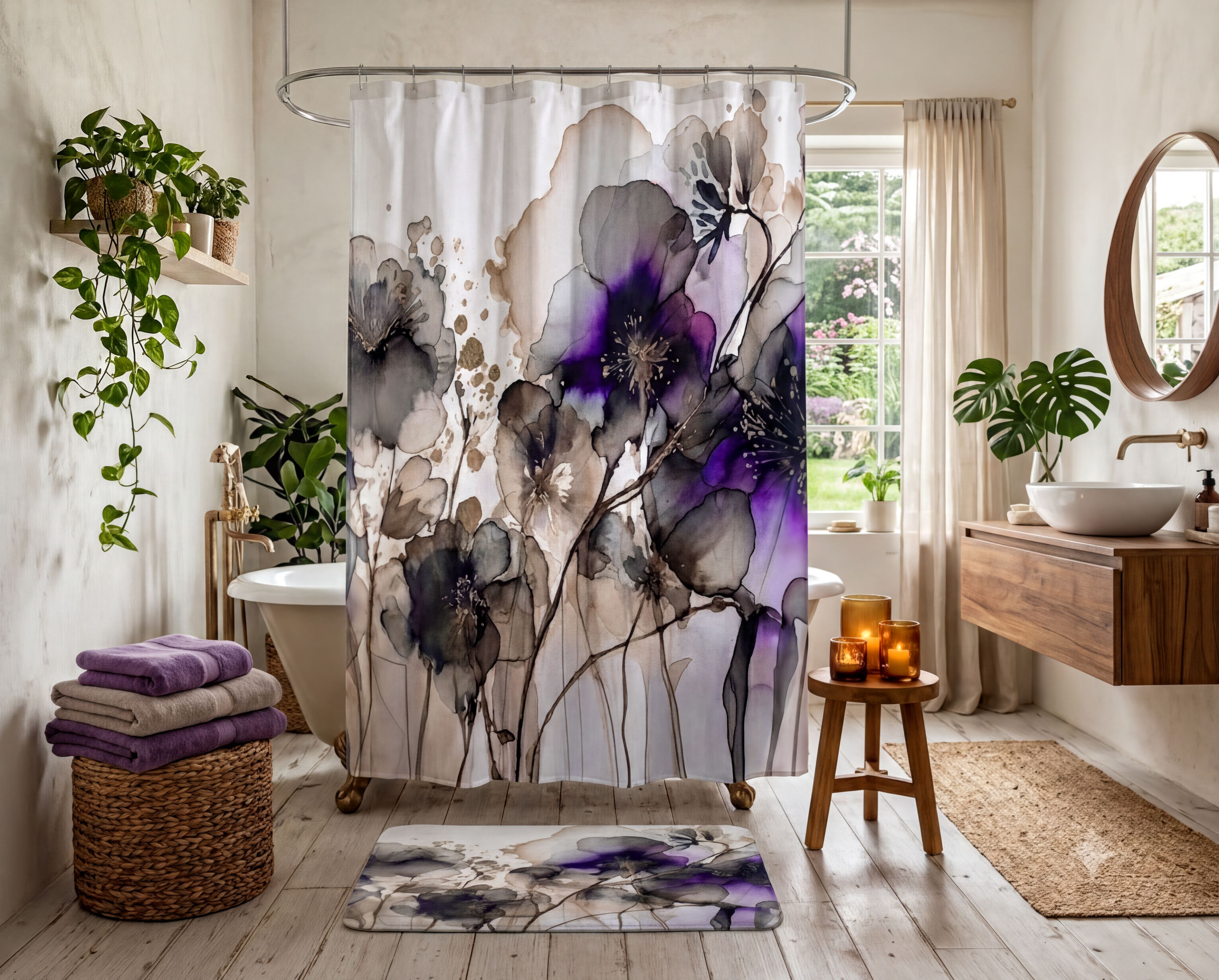 a bathroom with a floral shower curtain, a wooden vanity, and various plants and candles, creating a cozy and inviting atmosphere.