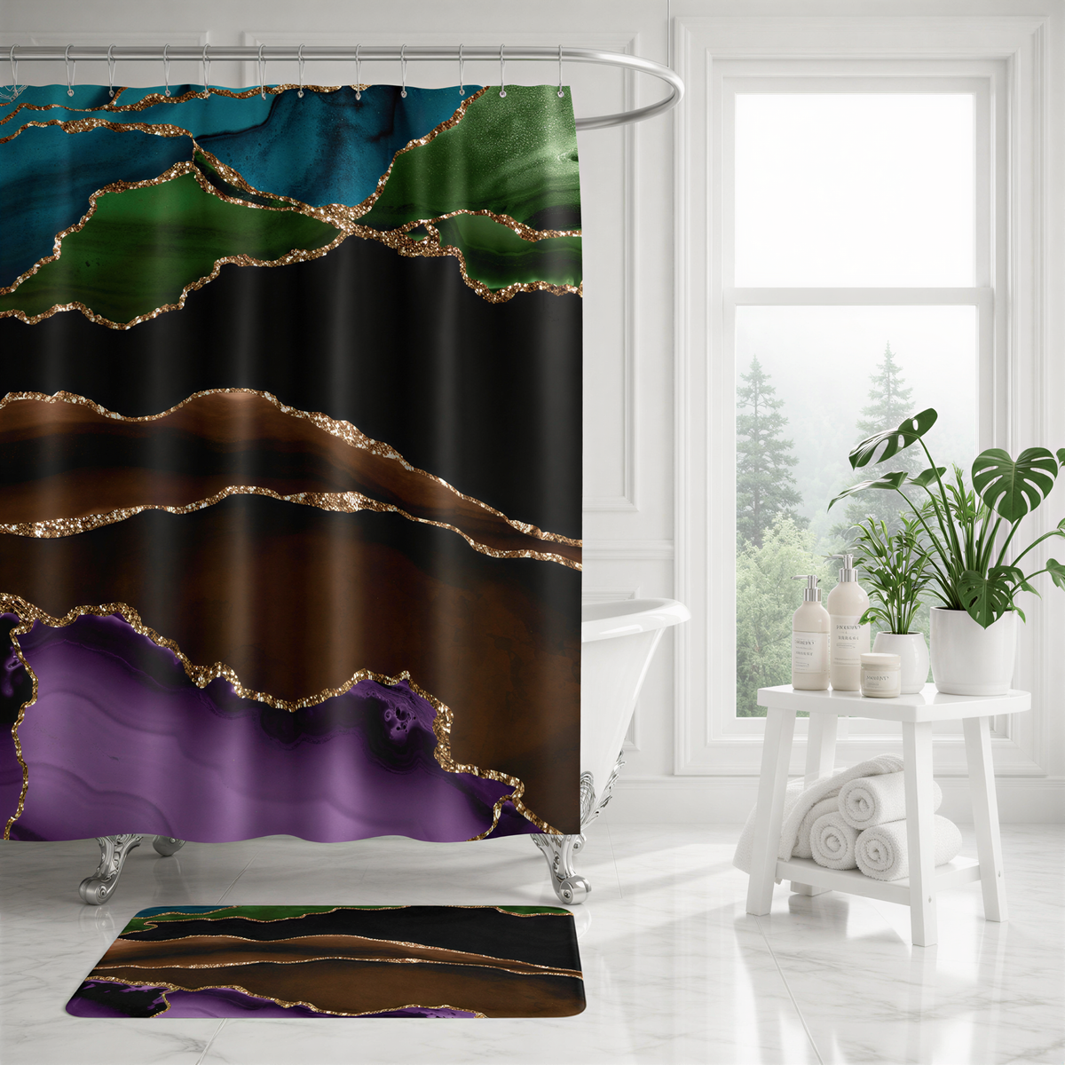 a bathroom with a shower curtain that has a colorful abstract design in shades of green, purple, and brown. The curtain is hanging from a rod, and there is a small table with some bottles and a potted plant nearby. The bathroom has a white bathtub and a window, providing a bright and airy atmosphere.