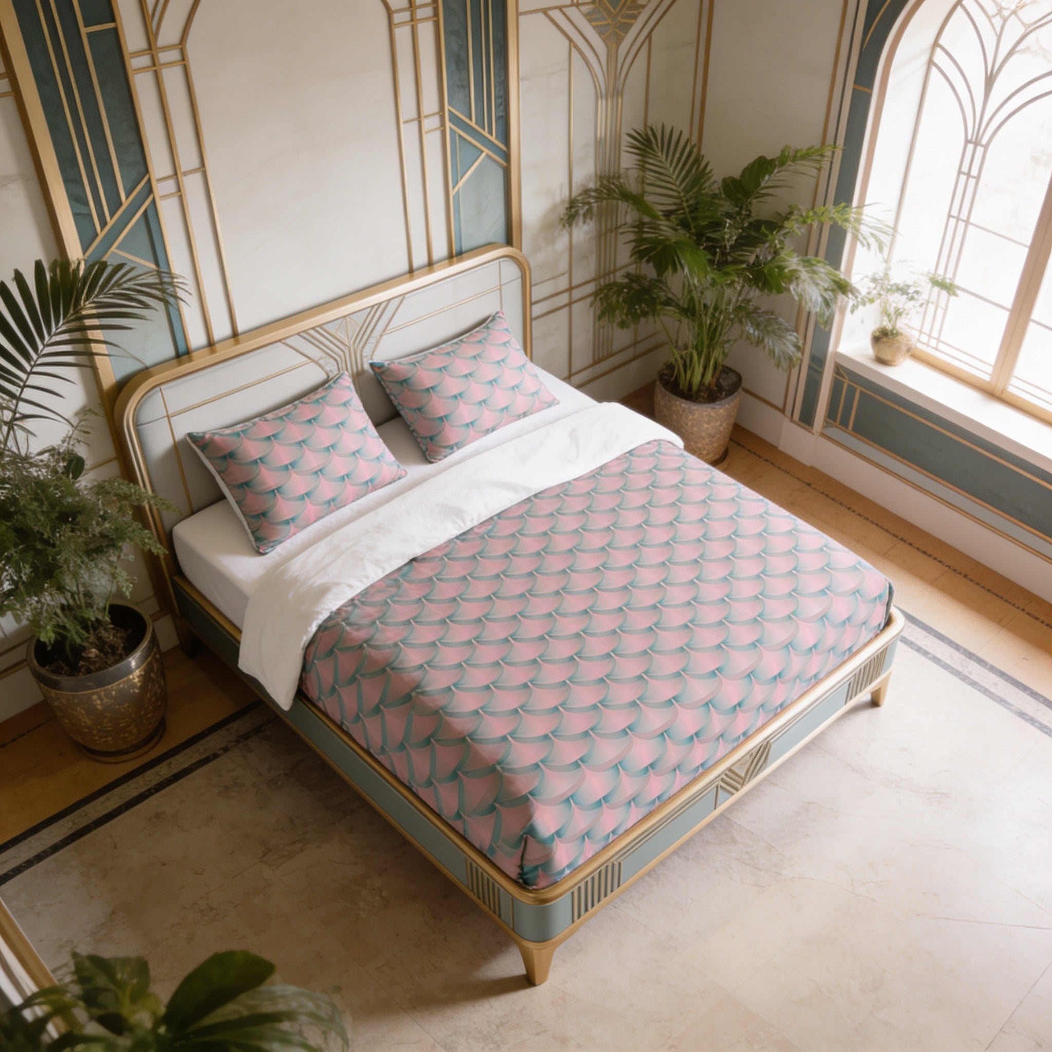 a bedroom with a bed, a window, and two potted plants. The bed has a pink and blue patterned bedspread and matching pillows. The window has a green curtain, and the room has a geometric patterned wall.