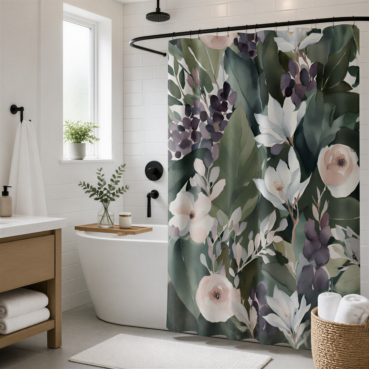 a modern bathroom with a white bathtub, a shower curtain featuring a floral pattern, and a window above the bathtub.