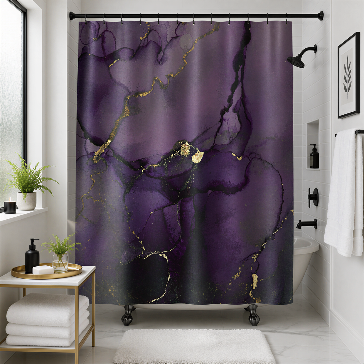 a bathroom with a shower curtain that has a purple and gold marble pattern. The shower curtain is hanging from a rod, and there is a white bathtub in the background. The bathroom also includes a small table with a plant and a black soap dispenser.