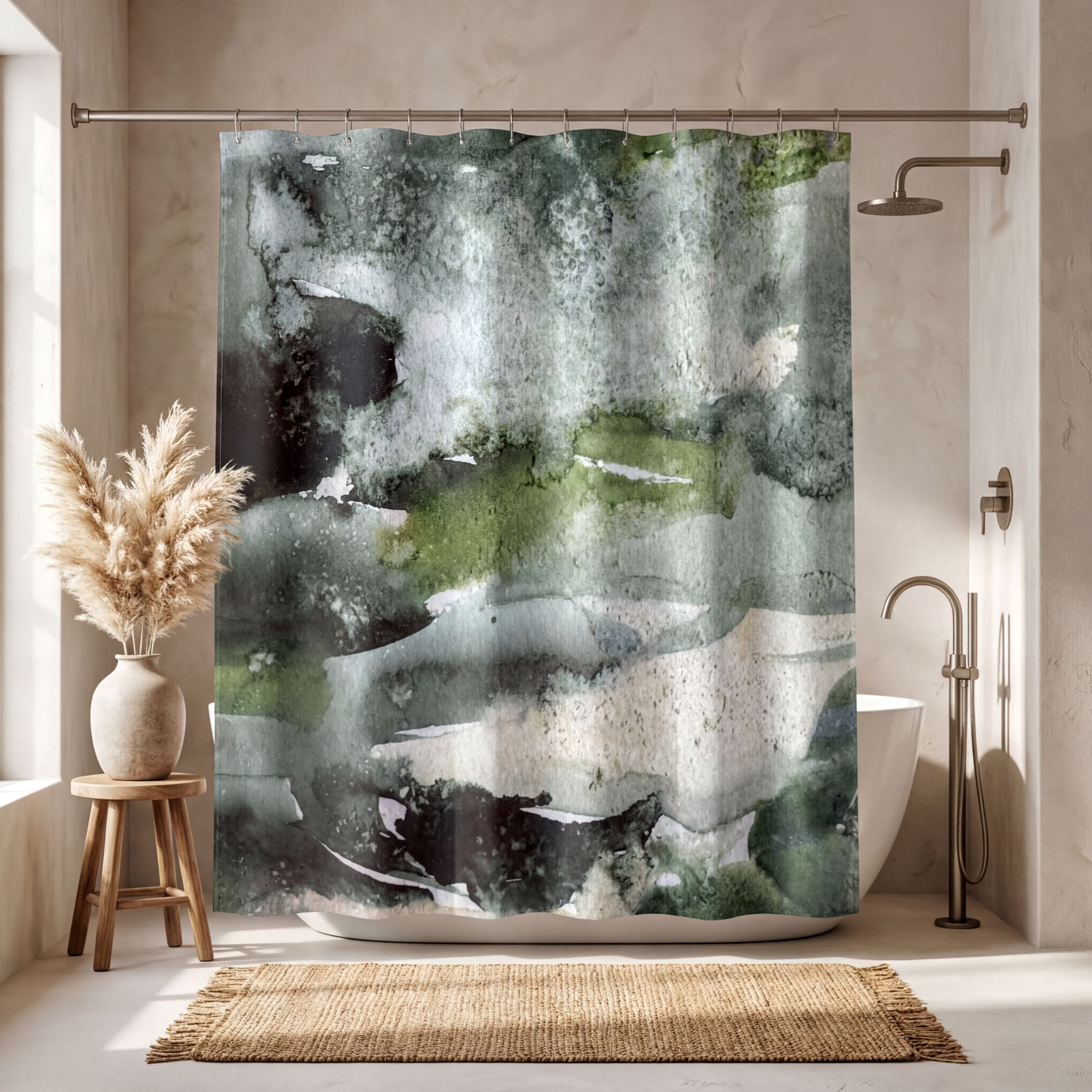 a bathroom with a large green and white abstract painting hanging on the wall above a white bathtub. The painting has a watercolor-like texture, creating a serene and calming atmosphere in the space.