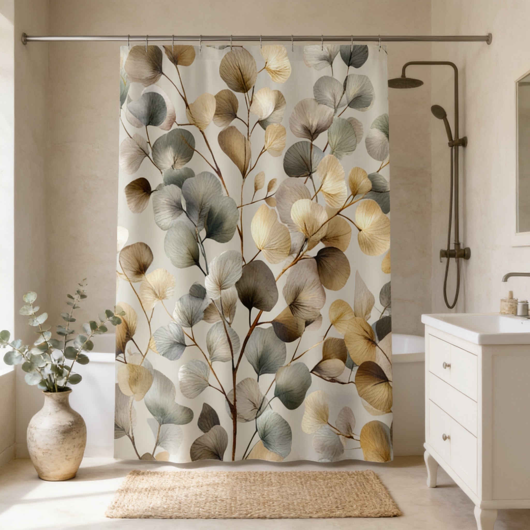 a bathroom with a shower curtain adorned with a leafy, abstract pattern in shades of brown, gray, and beige. The shower curtain is hanging from a rod, and there is a potted plant placed on the floor next to the shower. The bathroom also includes a sink and a bathtub, creating a functional and stylish space.