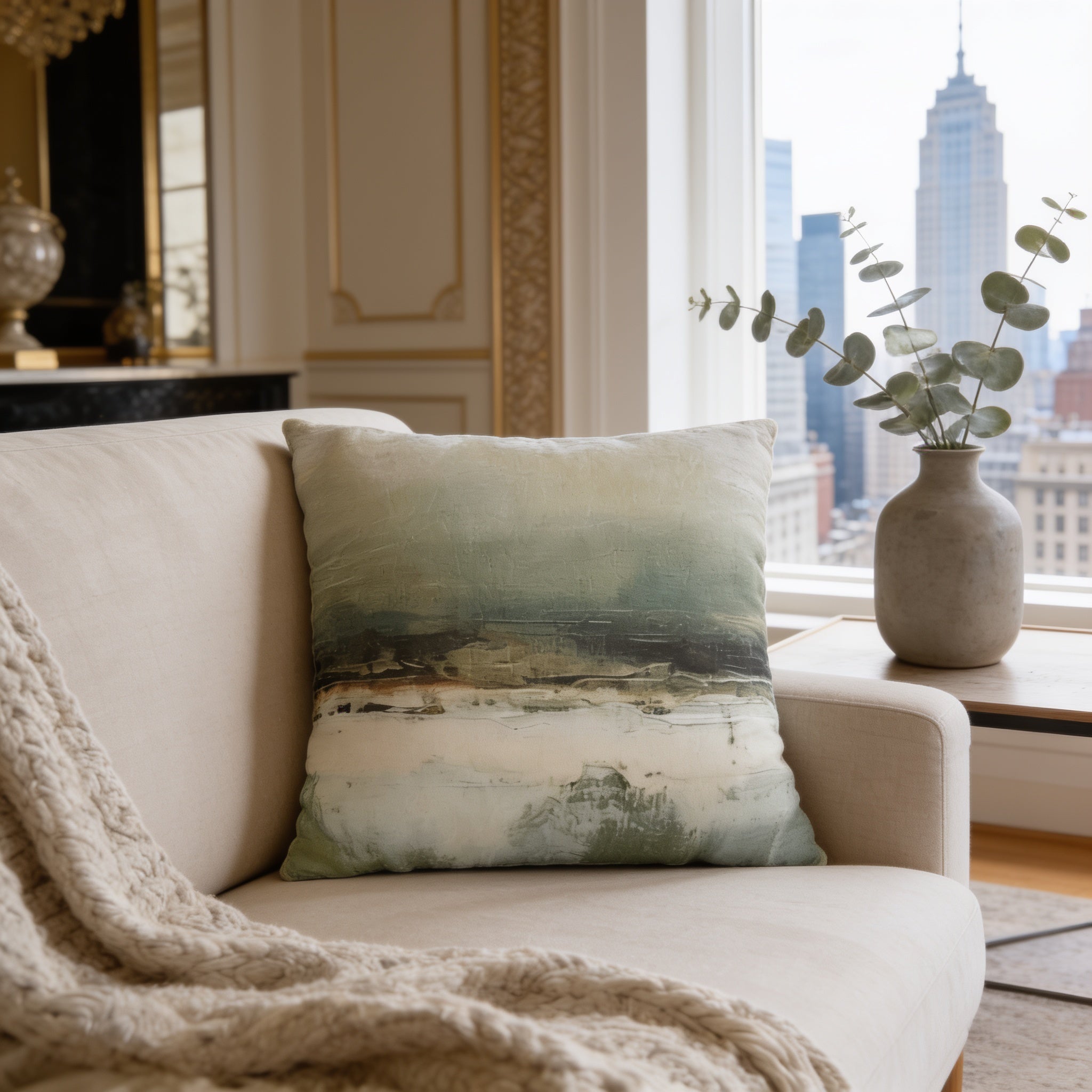 a cozy living room with a beige sofa, a decorative throw pillow, and a vase of greenery on a windowsill overlooking a city skyline.