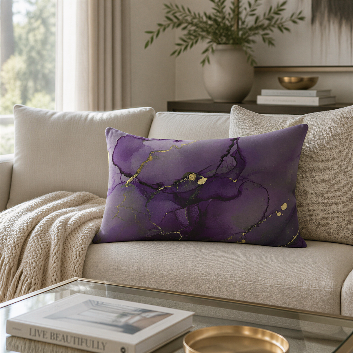a cozy living room with a beige sofa, a purple throw pillow with a gold design, and a glass coffee table with a book and a bowl on it.