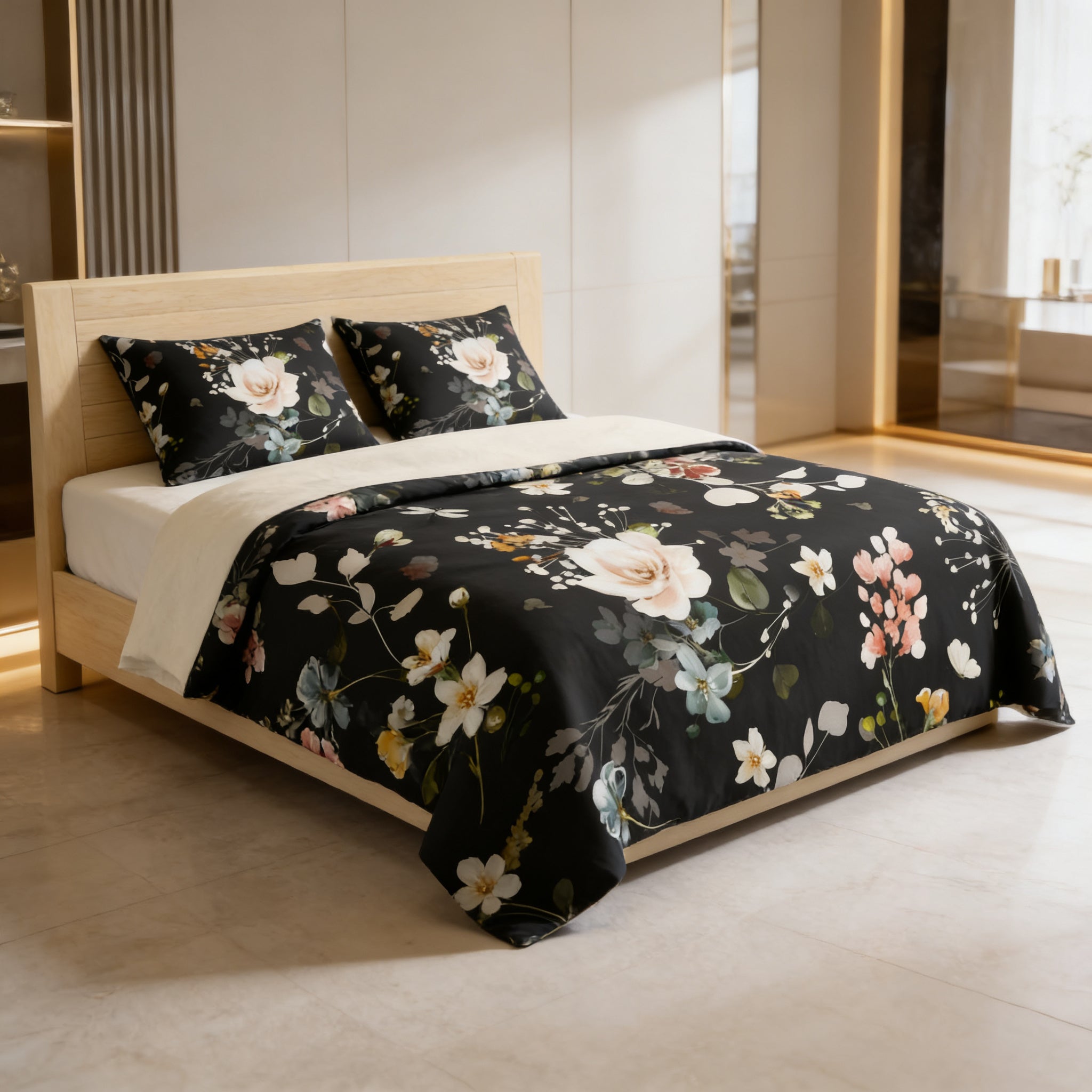 a modern bedroom with a large bed dressed in a black and white floral bedspread. The bed is positioned against a white wall, and there is a window nearby. The overall design and color scheme of the room create a serene and elegant atmosphere.