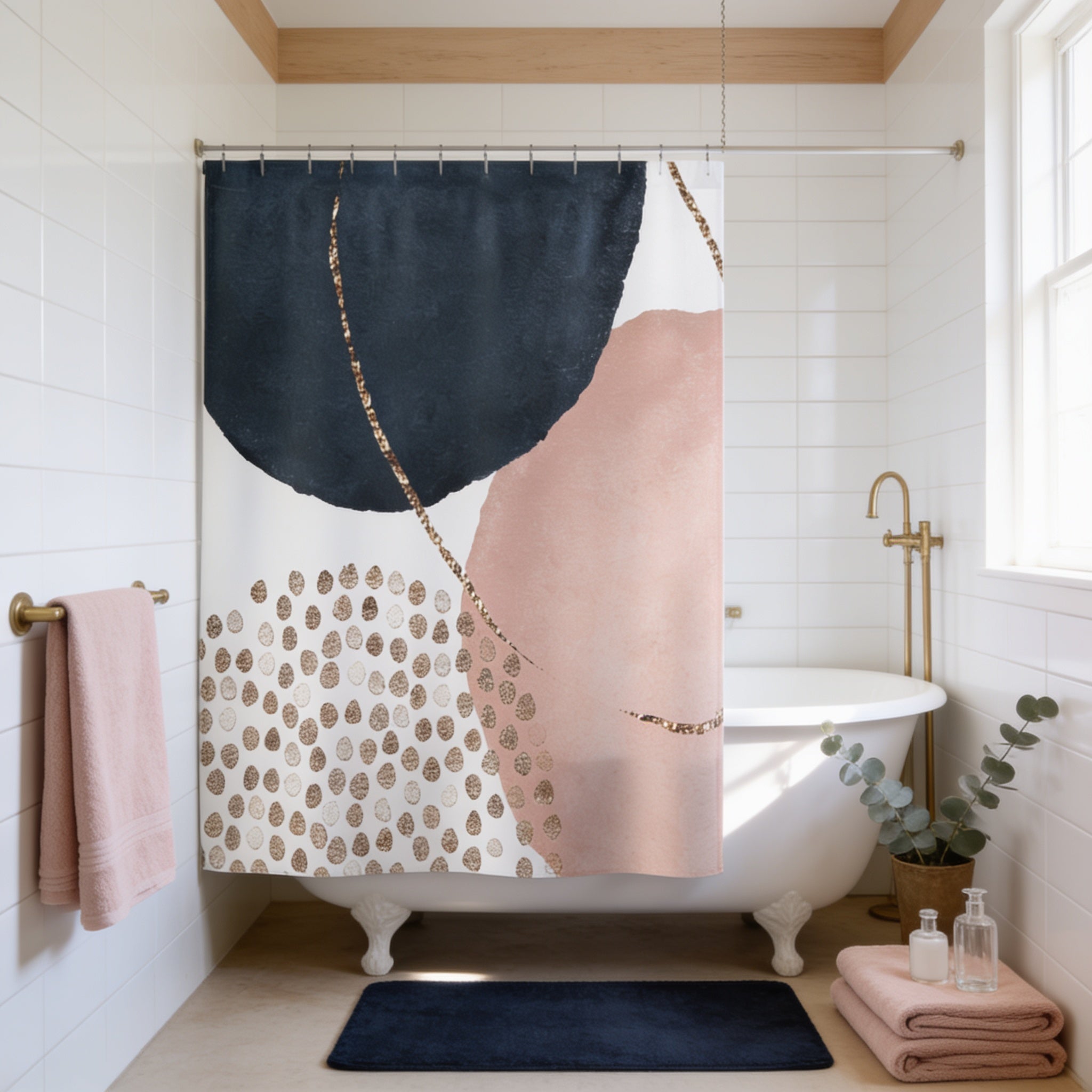 a bathroom with a white bathtub, a shower curtain featuring a geometric design in black, pink, and white colors, and a potted plant on the floor.