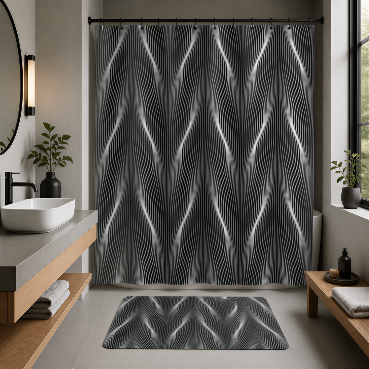 a modern bathroom with a large, abstract black and white patterned shower curtain. The bathroom features a wooden vanity, a round mirror, and a wooden bench. There are also some plants and decorative items in the room, creating a stylish and contemporary atmosphere.