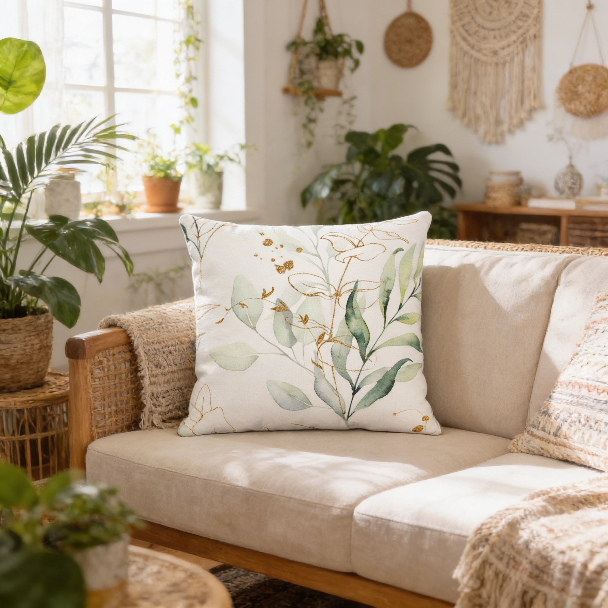 a cozy living room with a beige sofa adorned with a white throw pillow featuring a green leaf design. The room is decorated with various potted plants, creating a lush and vibrant atmosphere.