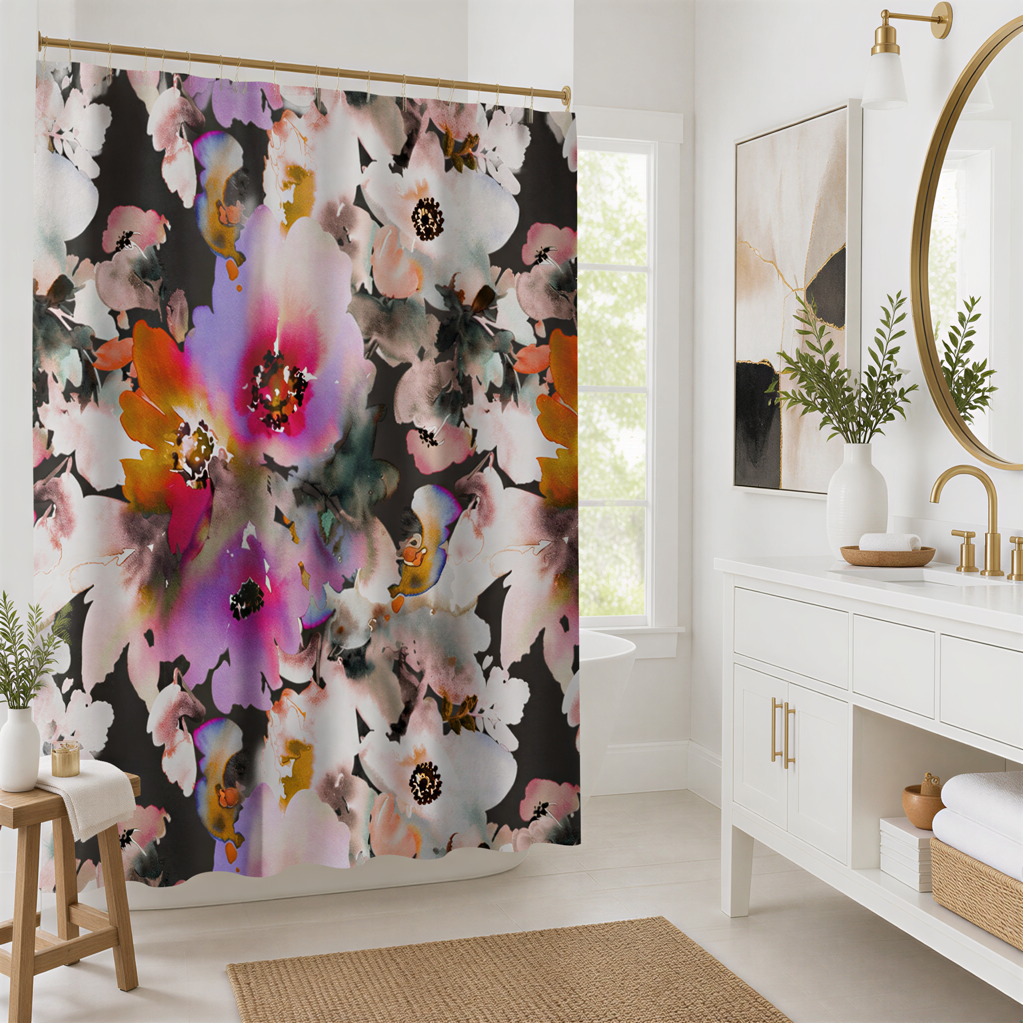 a bathroom with a floral shower curtain, a white vanity, and a mirror.