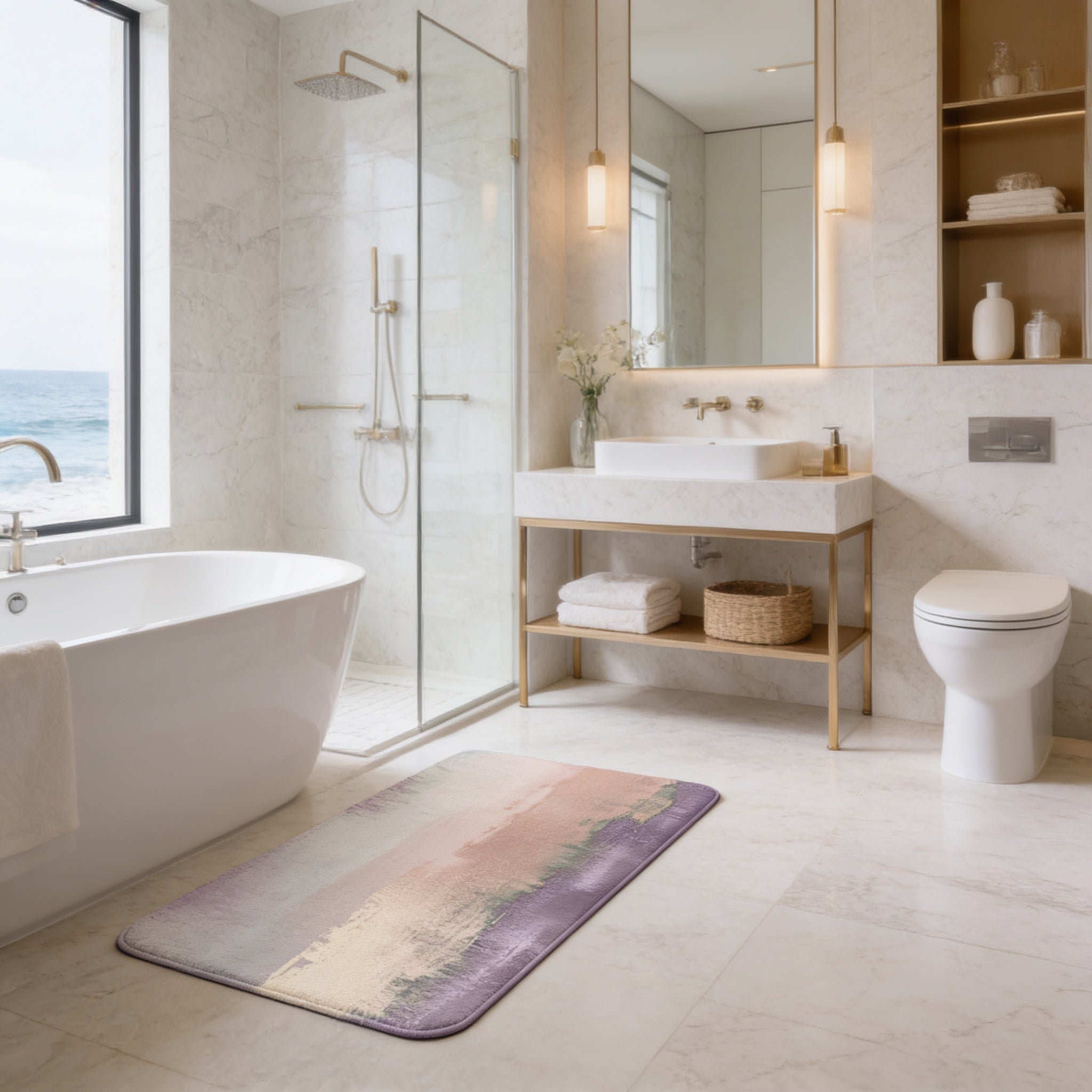 a luxurious bathroom with a large bathtub, a walk-in shower, a vanity with a sink, and a toilet. The bathroom has a marble-like finish, and the room is illuminated by pendant lights. The floor is covered with a colorful rug, and the walls are painted white. The bathroom also features a large window that provides a view of the ocean.