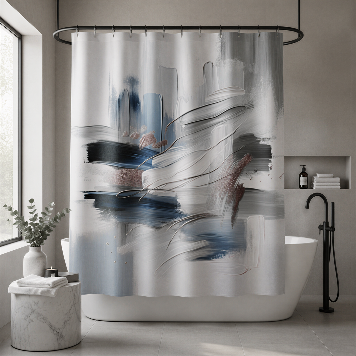 a modern bathroom with a large abstract painting hanging above a white bathtub.
