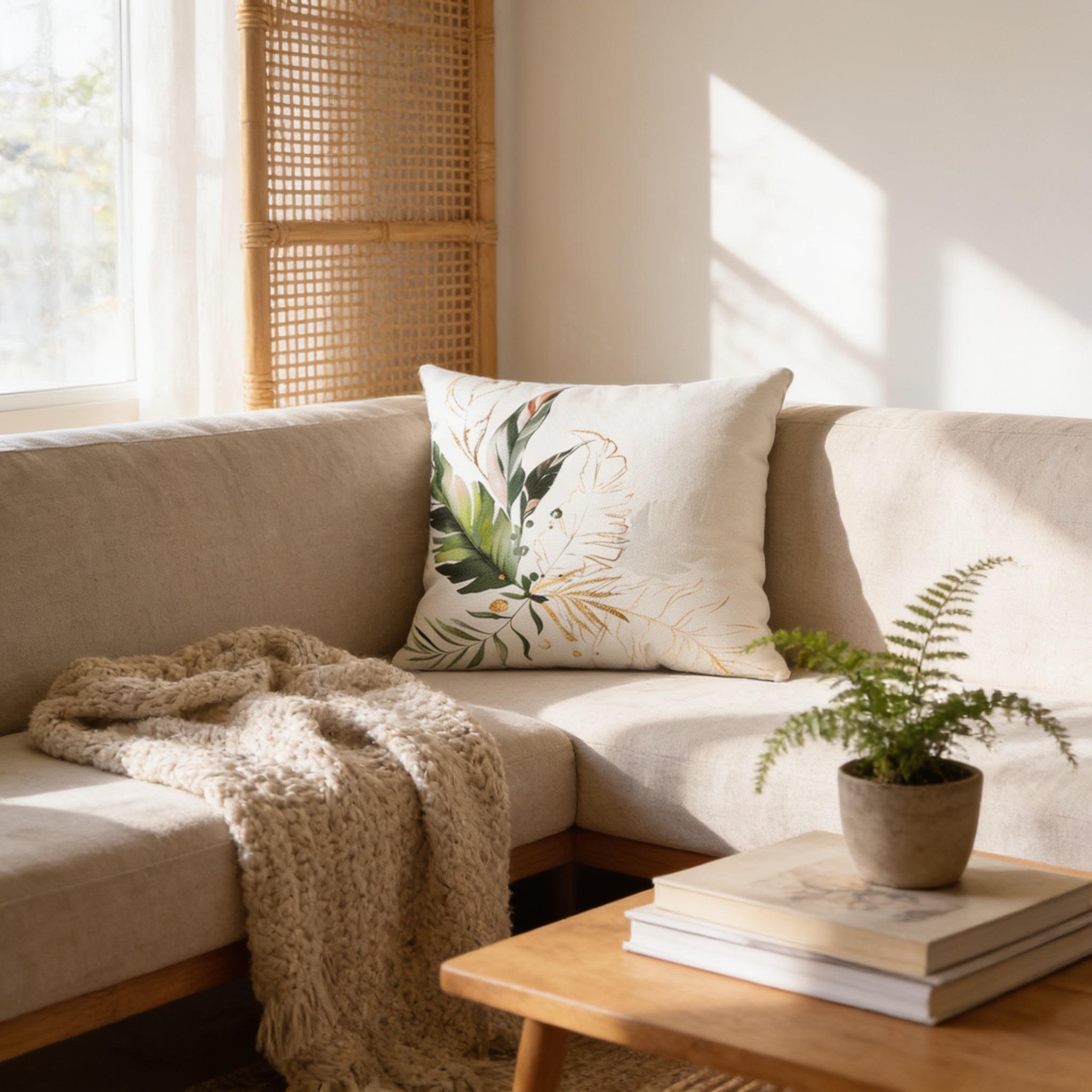 a cozy living room with a beige sofa, a white throw blanket, a wooden coffee table, and a potted plant.