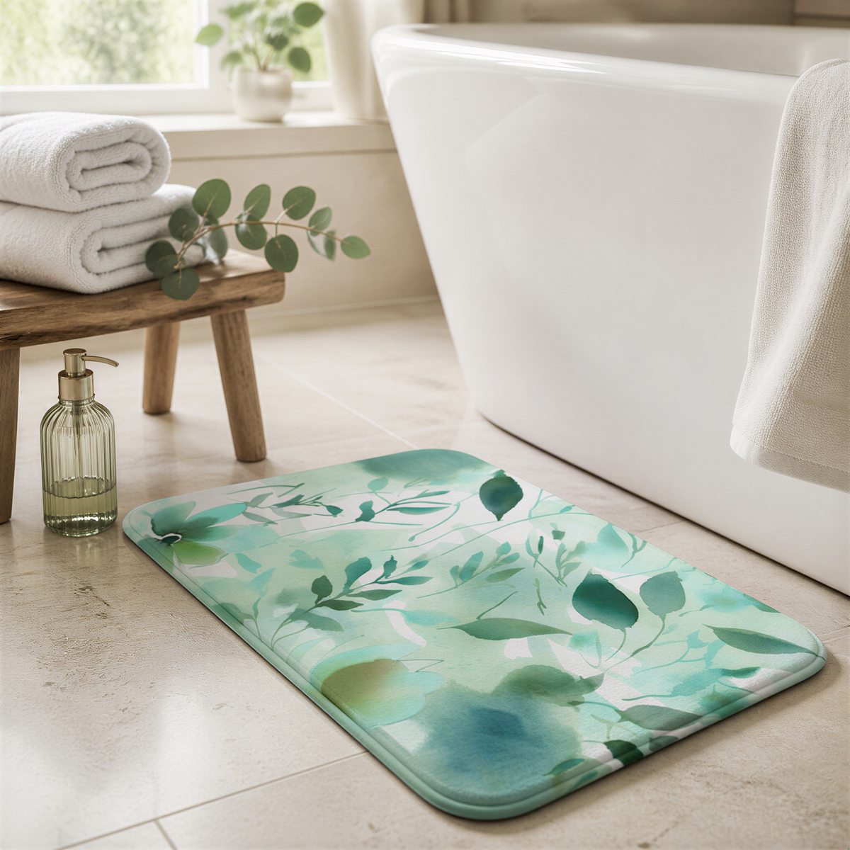 a bathroom with a green and white floral patterned bath mat, a white bathtub, and a wooden stool with folded towels. There is also a bottle of soap and a potted plant in the room.