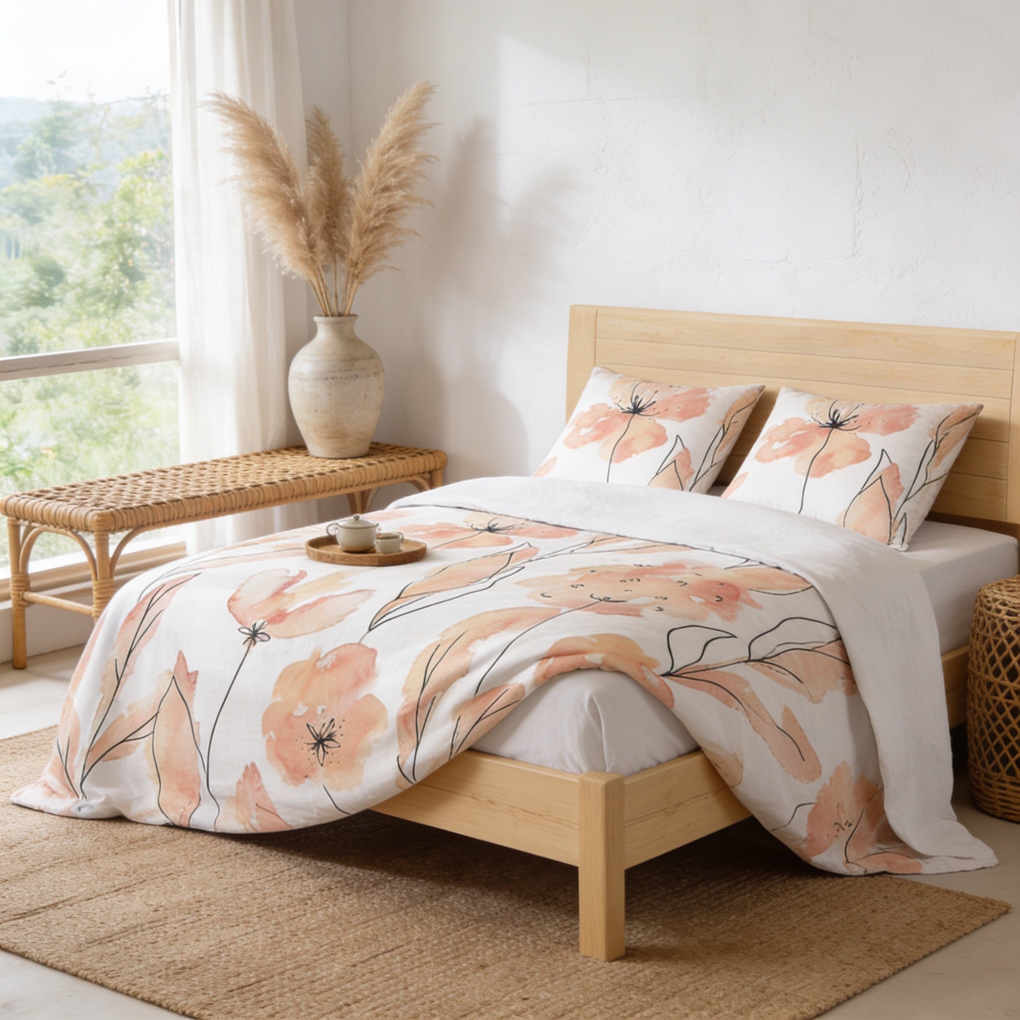 a serene and cozy bedroom scene, featuring a bed with a floral print comforter and pillows, a wooden headboard, and a woven bench. A vase of dried flowers is placed on the bedside table, and a window with curtains allows natural light to enter the room.