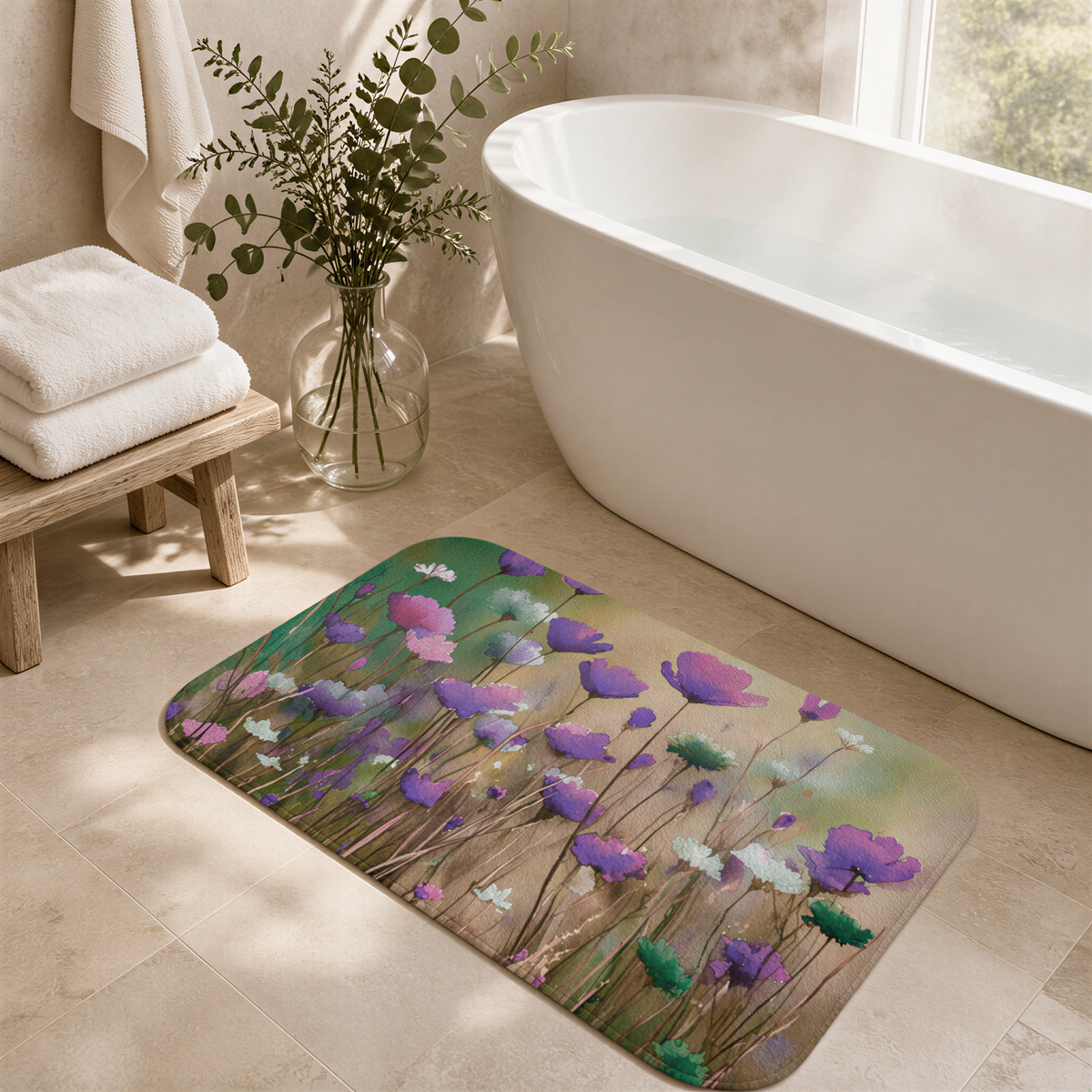 a bathroom with a white bathtub, a vase of flowers, and a colorful rug on the floor.