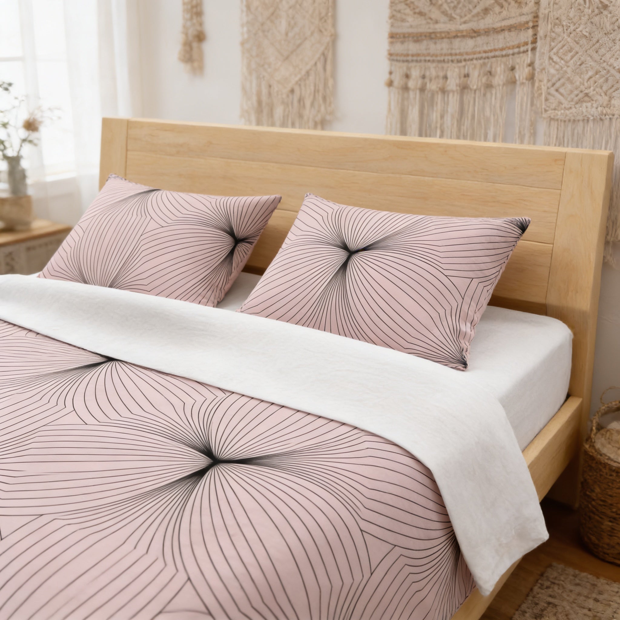 a bedroom with a wooden bed frame and a pink and black patterned comforter. The bed is neatly made with a white blanket and two matching pillows. The room has a minimalist and modern design, with a window providing natural light and a beige wall with decorative elements.