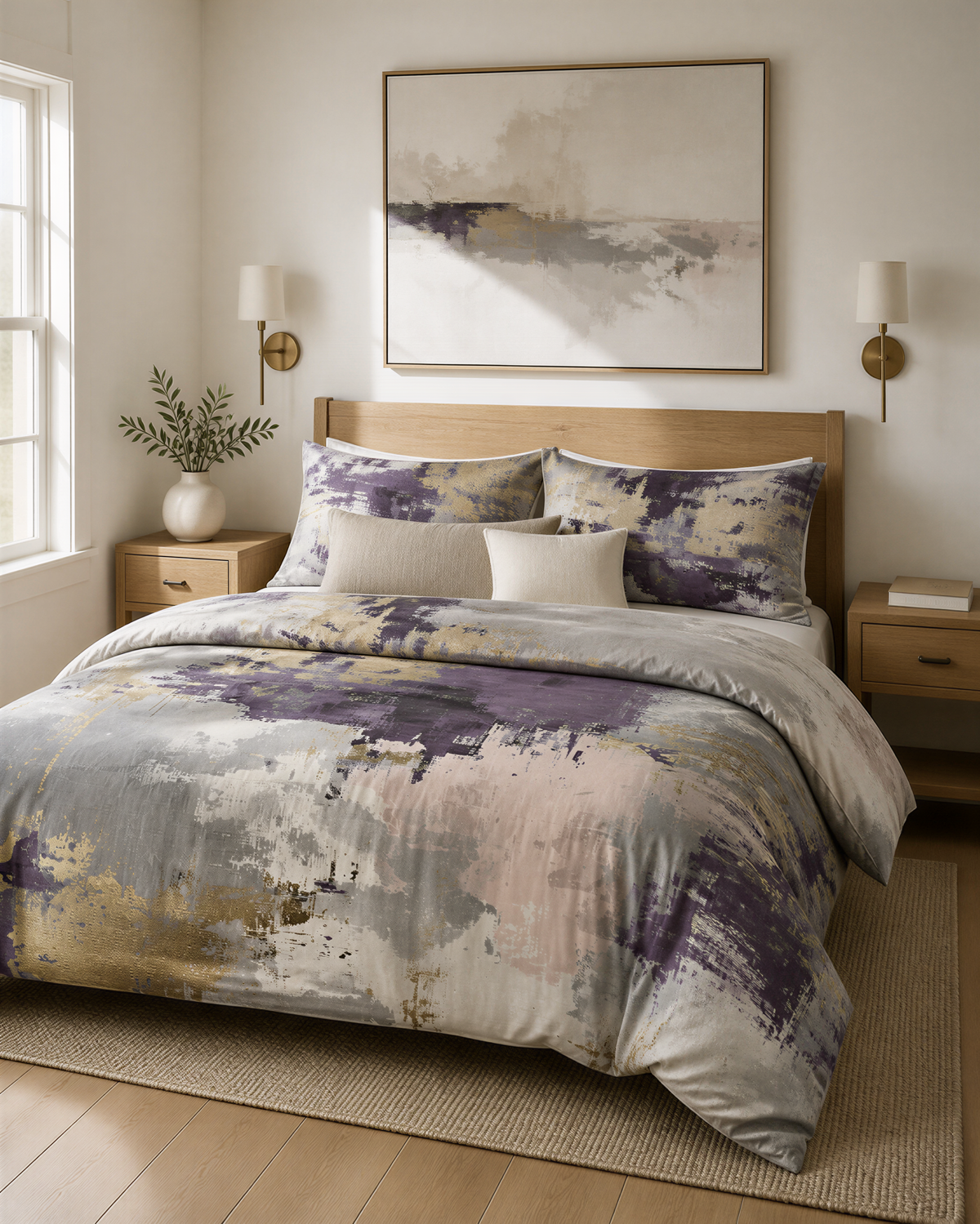 a bedroom with a large bed, a wooden headboard, and a painting on the wall above it. The bed is covered in a comforter with a colorful abstract pattern in shades of purple, gray, and white. The room has a minimalist and modern design, with a wooden floor and a rug on the floor.