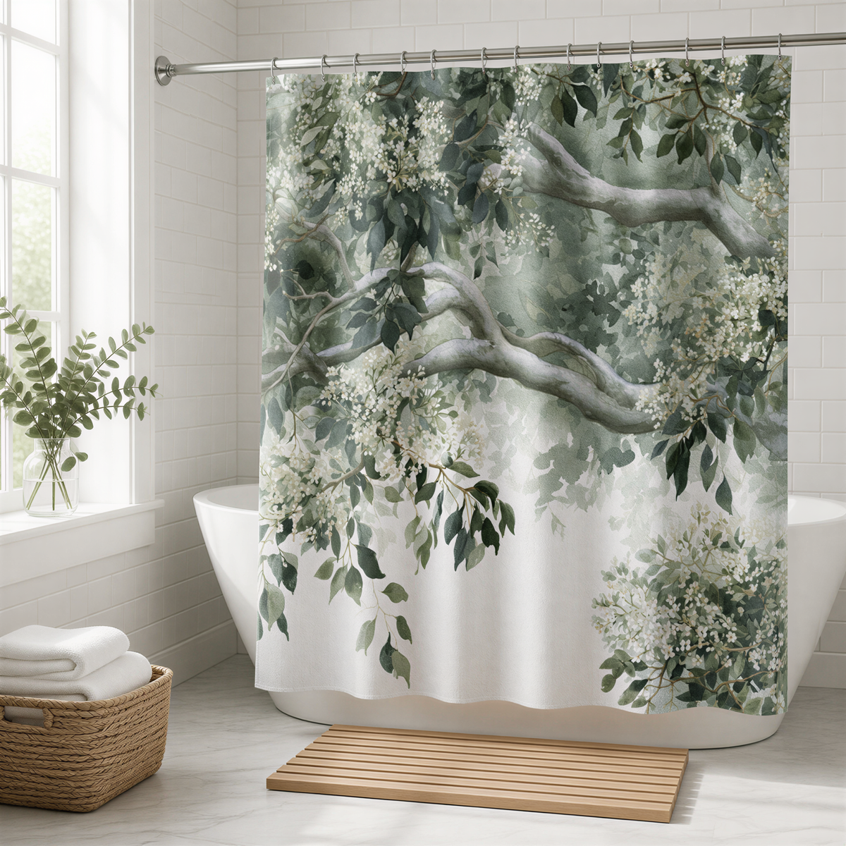 a bathroom with a shower curtain adorned with a lush green tree branch and white flowers. The curtain is hanging from a rod, and there is a basket and a wooden mat placed in the foreground.