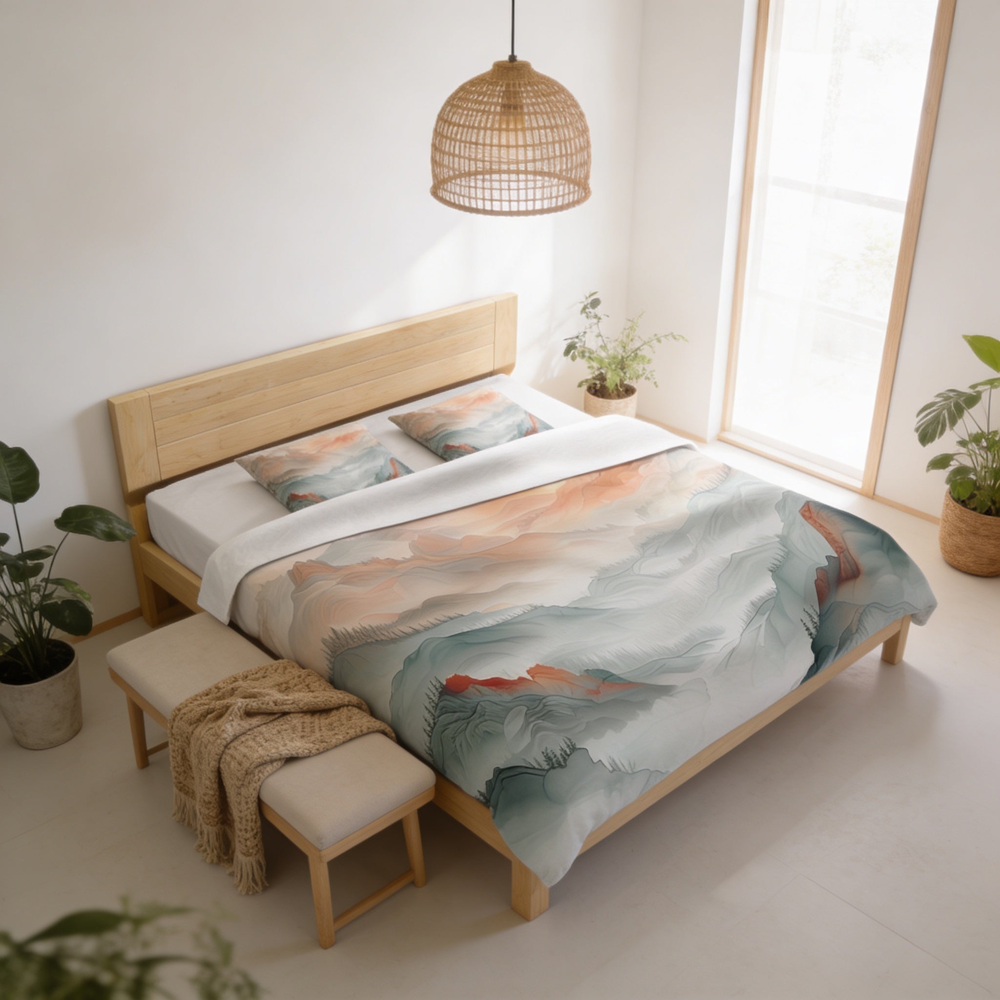 A modern bedroom with a wooden bed frame, a hanging woven light fixture, and a large window. The bed has a colorful mountain landscape print on the comforter, and there are potted plants and a woven basket on the floor.