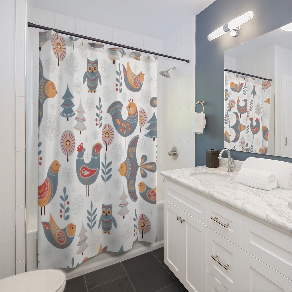 Christmas Shower Curtain White Gray Red Nordic Folk Birds hanging in a bathroom