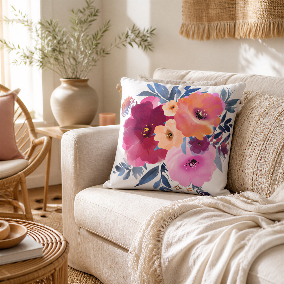 a cozy living room with a beige sofa adorned with a floral throw pillow, a woven chair, and a wooden side table with a vase of greenery.