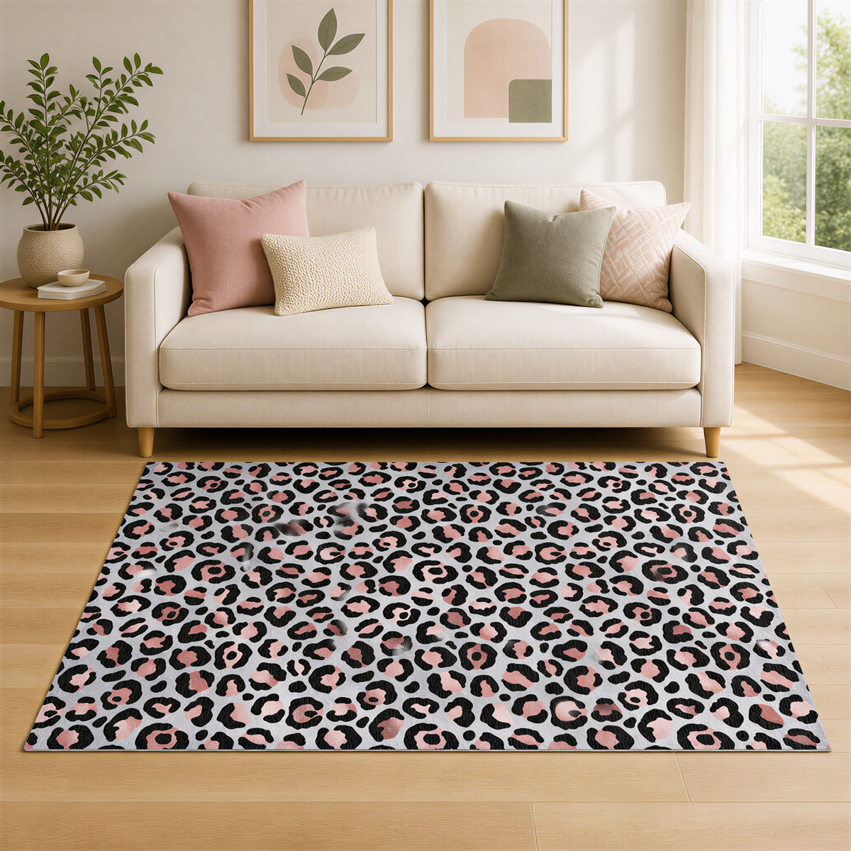 a living room with a white sofa, a leopard print rug, and a plant on a side table. The room has a minimalist and modern design, with a large window providing natural light.