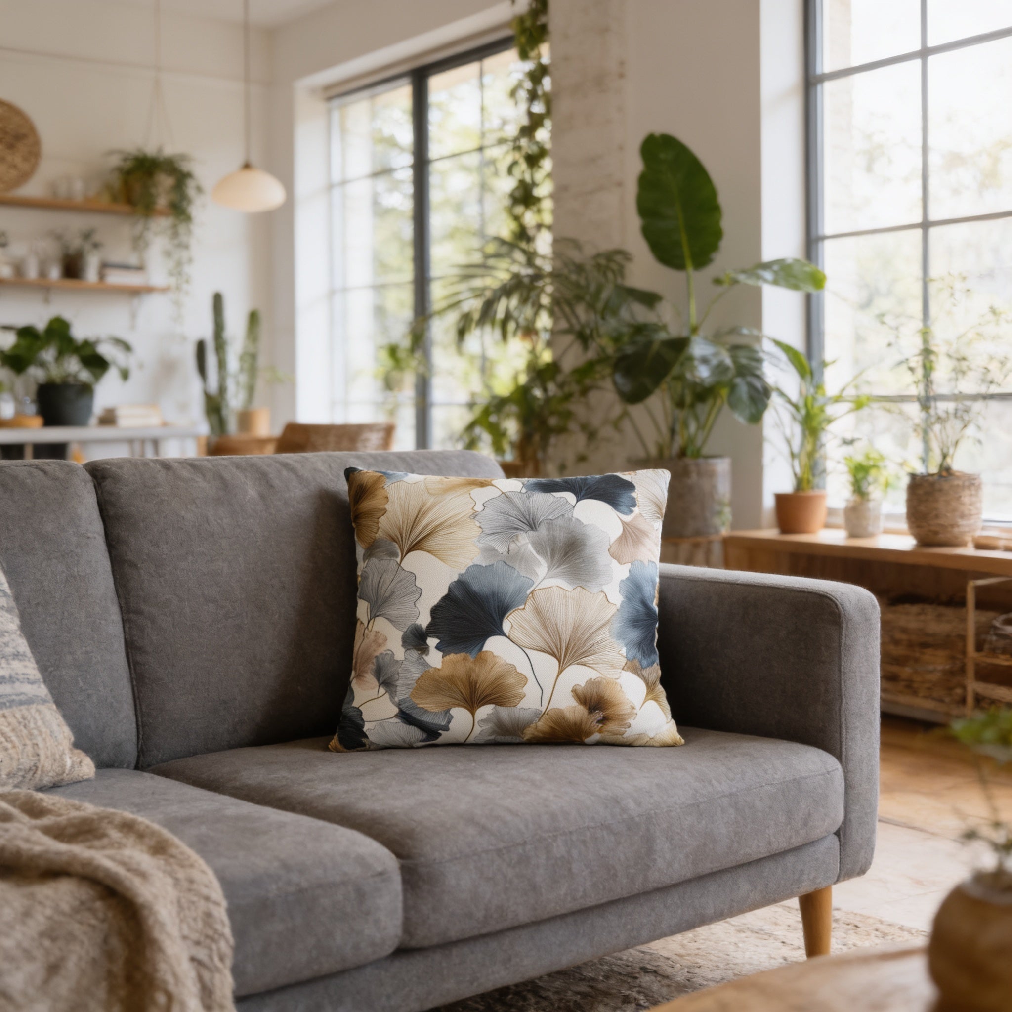 a cozy living room with a gray sofa adorned with a decorative throw pillow featuring a floral pattern. The room is filled with various potted plants, creating a lush and vibrant atmosphere. The large windows allow natural light to flood the space, enhancing the overall ambiance of the room.