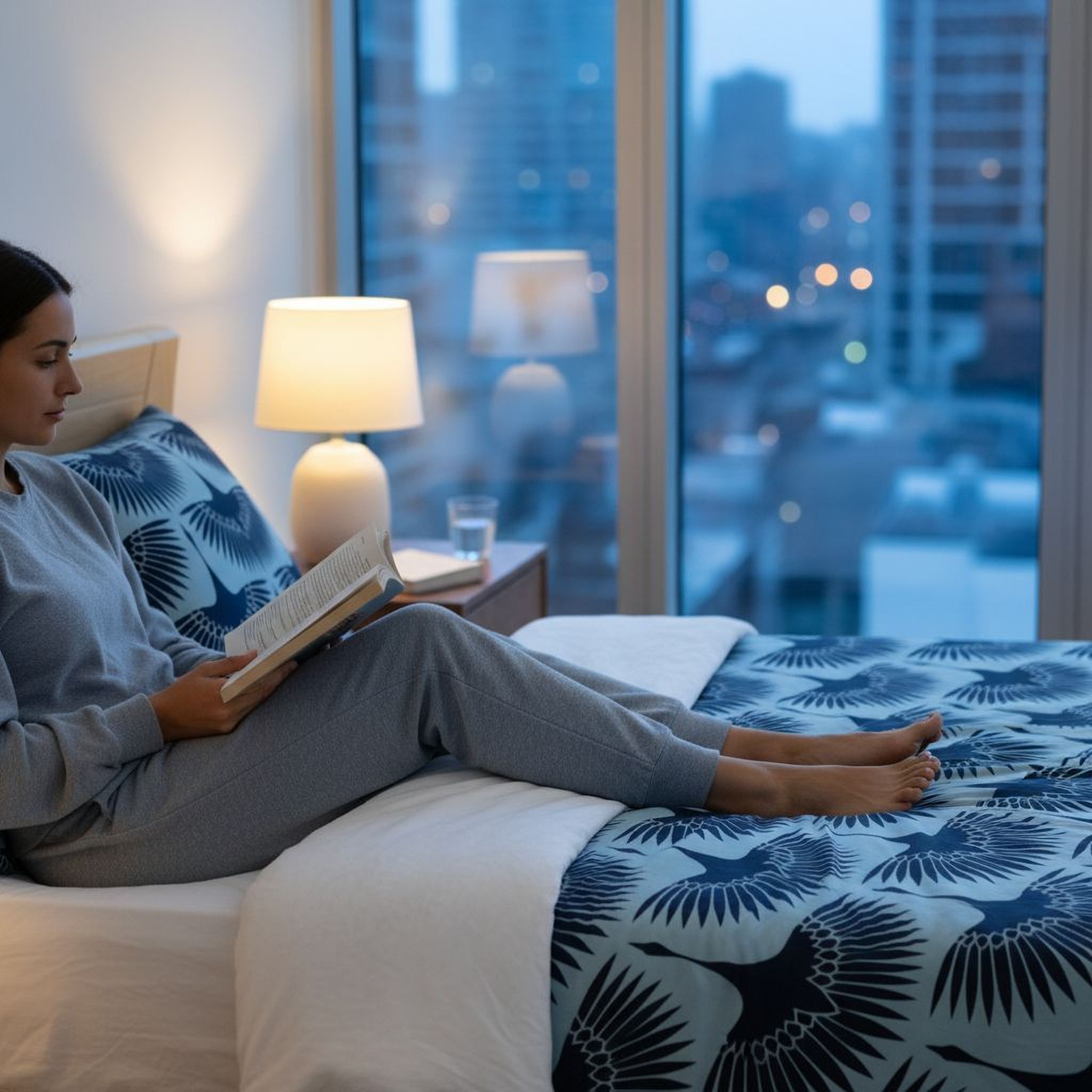 A person is sitting on a bed, reading a book with a cityscape visible through the window behind them.