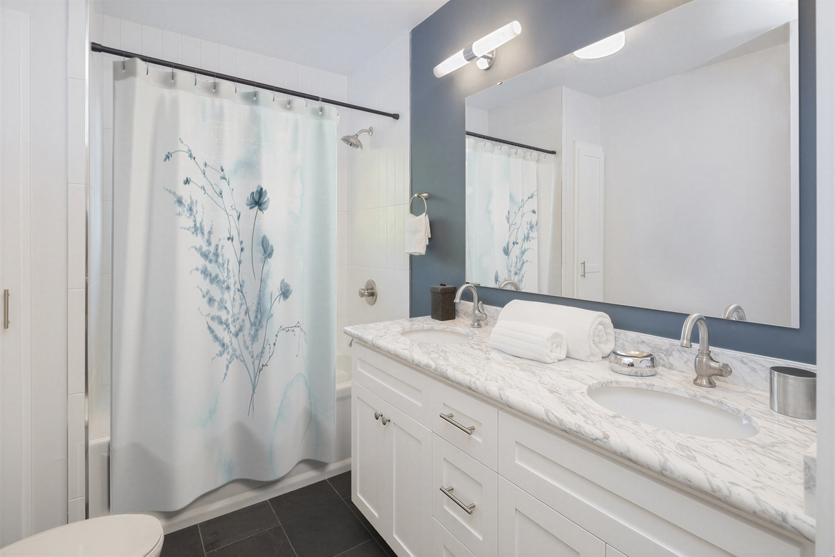 Boho Shower Curtain Baby Blue Ombre Dainty Flowers