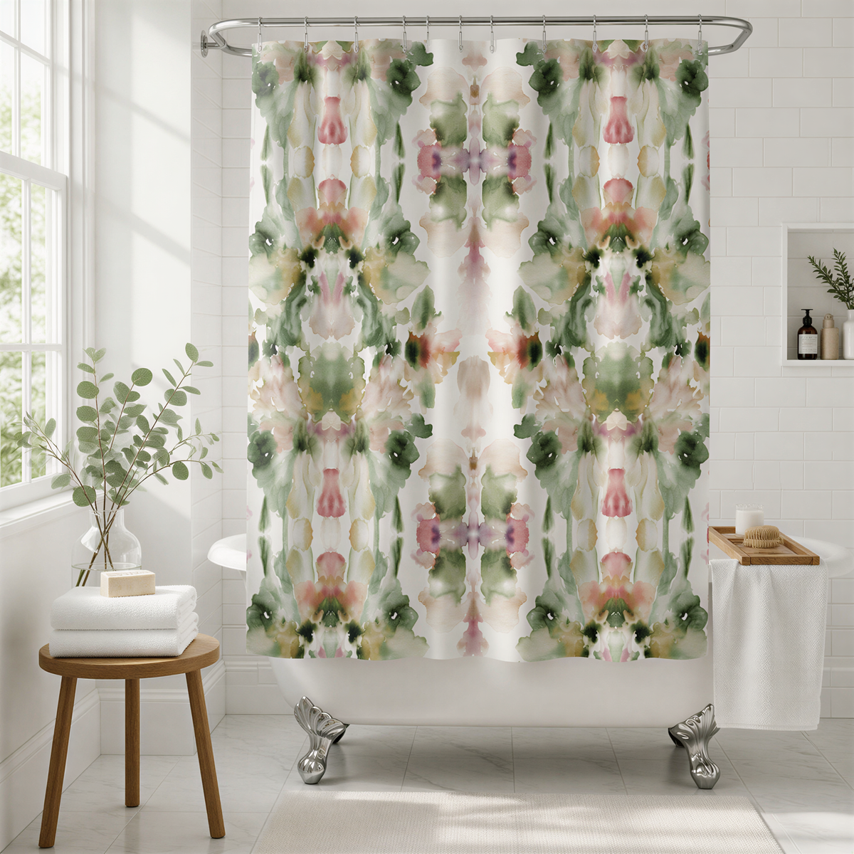 a bathroom with a white bathtub, a shower curtain with a floral pattern, and a wooden stool. The bathroom has a white tile floor and a window with a plant on the sill.