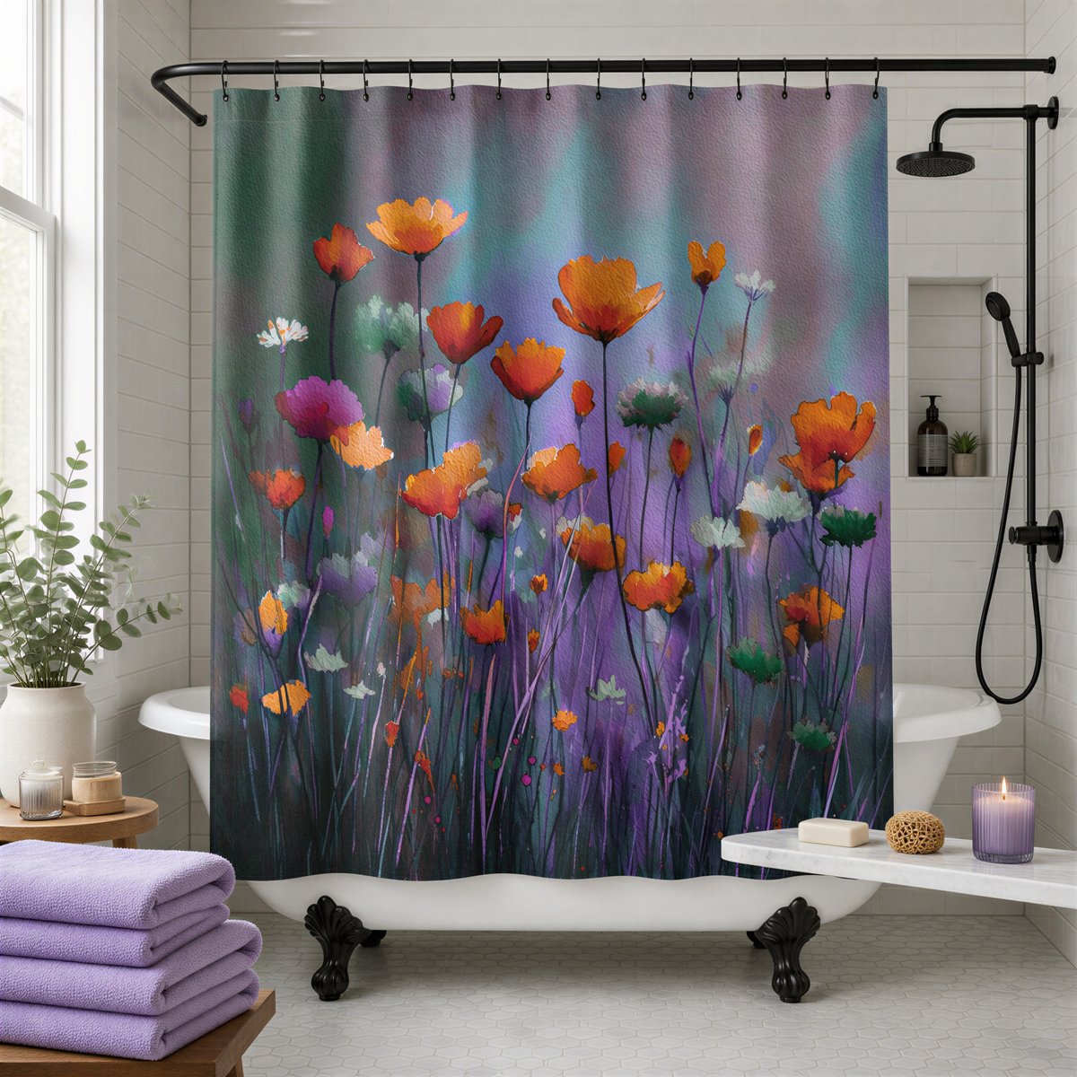 a bathroom with a shower curtain that displays a vibrant floral design in shades of purple, orange, and green. The shower curtain is hanging from a rod above a white bathtub, which has a white towel neatly folded on it. The bathroom also includes a shelf with a potted plant and a candle, adding to the overall aesthetic of the space.