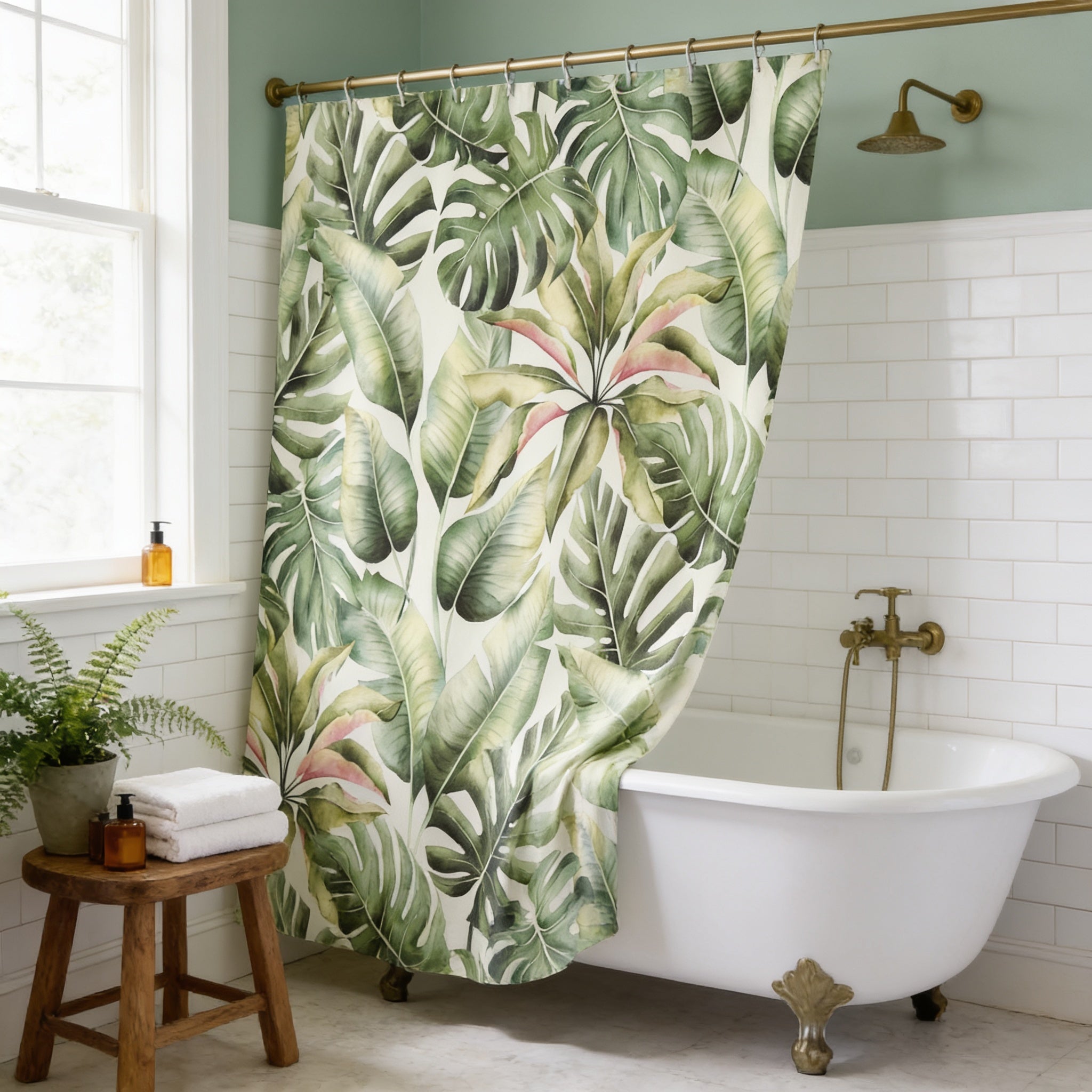 a bathroom with a white bathtub, a shower curtain with a tropical leaf pattern, and a wooden stool.