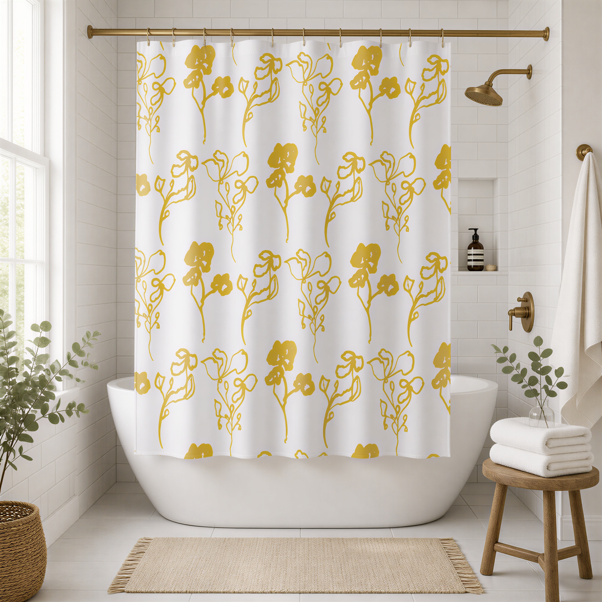 a bathroom with a white bathtub, a shower curtain with a floral pattern, and a wooden stool.