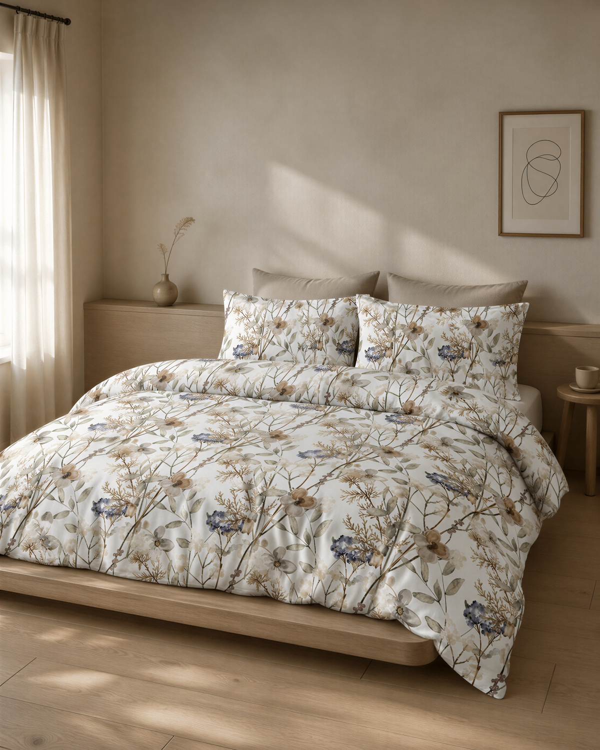 a serene and cozy bedroom with a large bed adorned with a floral print comforter and pillows. The bed is positioned against a wall, and there is a framed picture hanging above it. The room has a warm and inviting atmosphere, with a wooden floor and a window providing natural light.