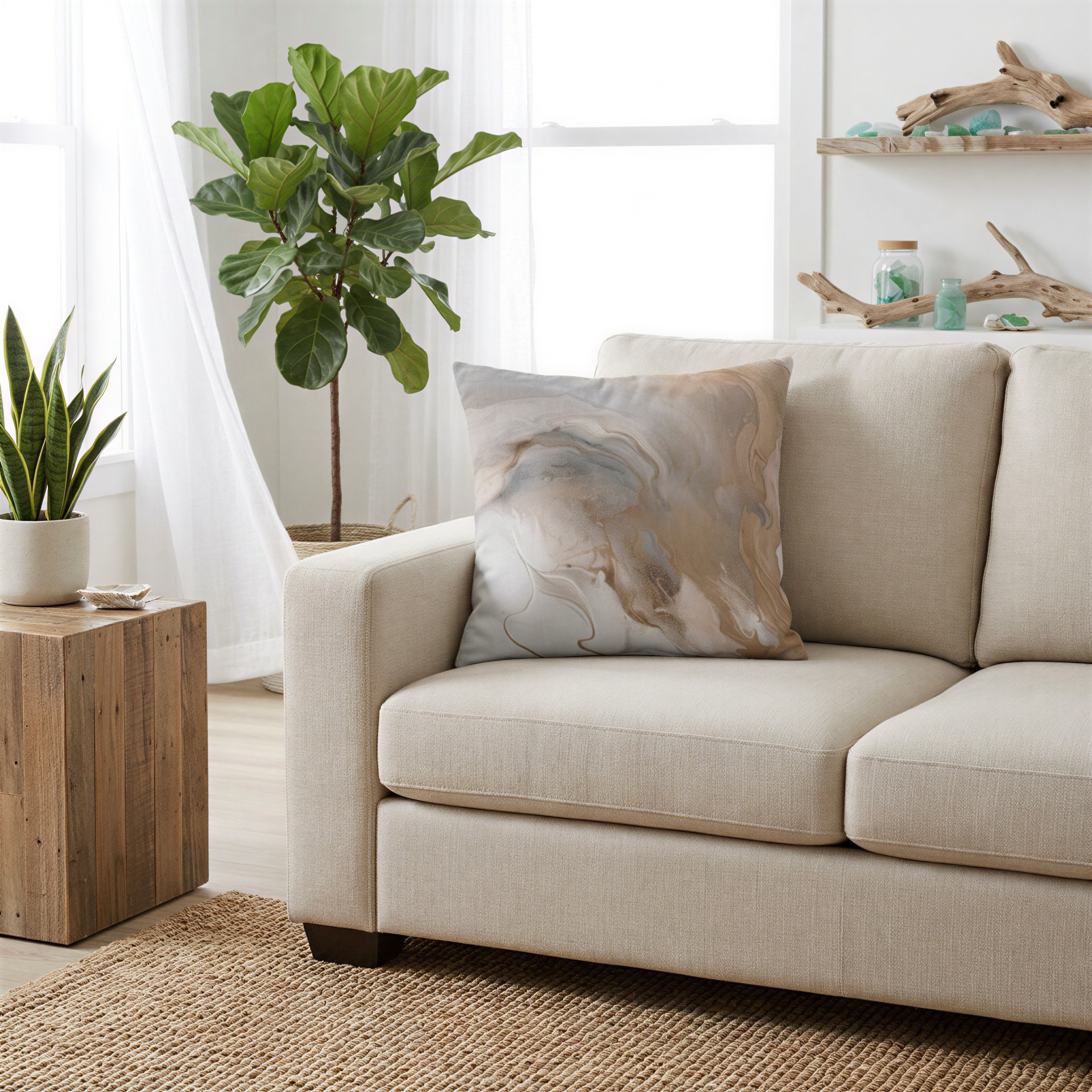 a living room with a beige sofa, a wooden side table, and a large potted plant. The sofa has a decorative pillow with a marble-like pattern on it.