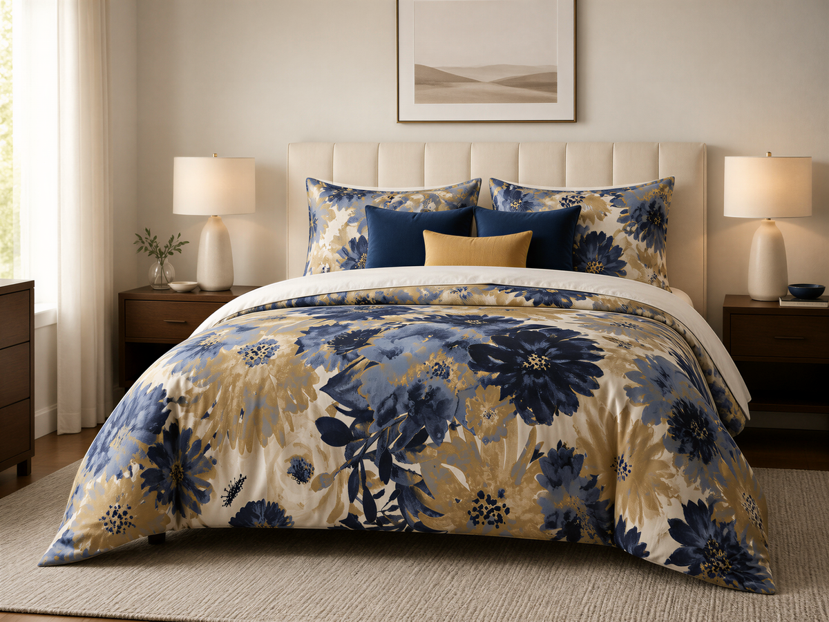 a bedroom with a large bed covered in a floral comforter and pillows. The bed is flanked by two nightstands with lamps on each side. Above the bed, there is a framed picture on the wall.
