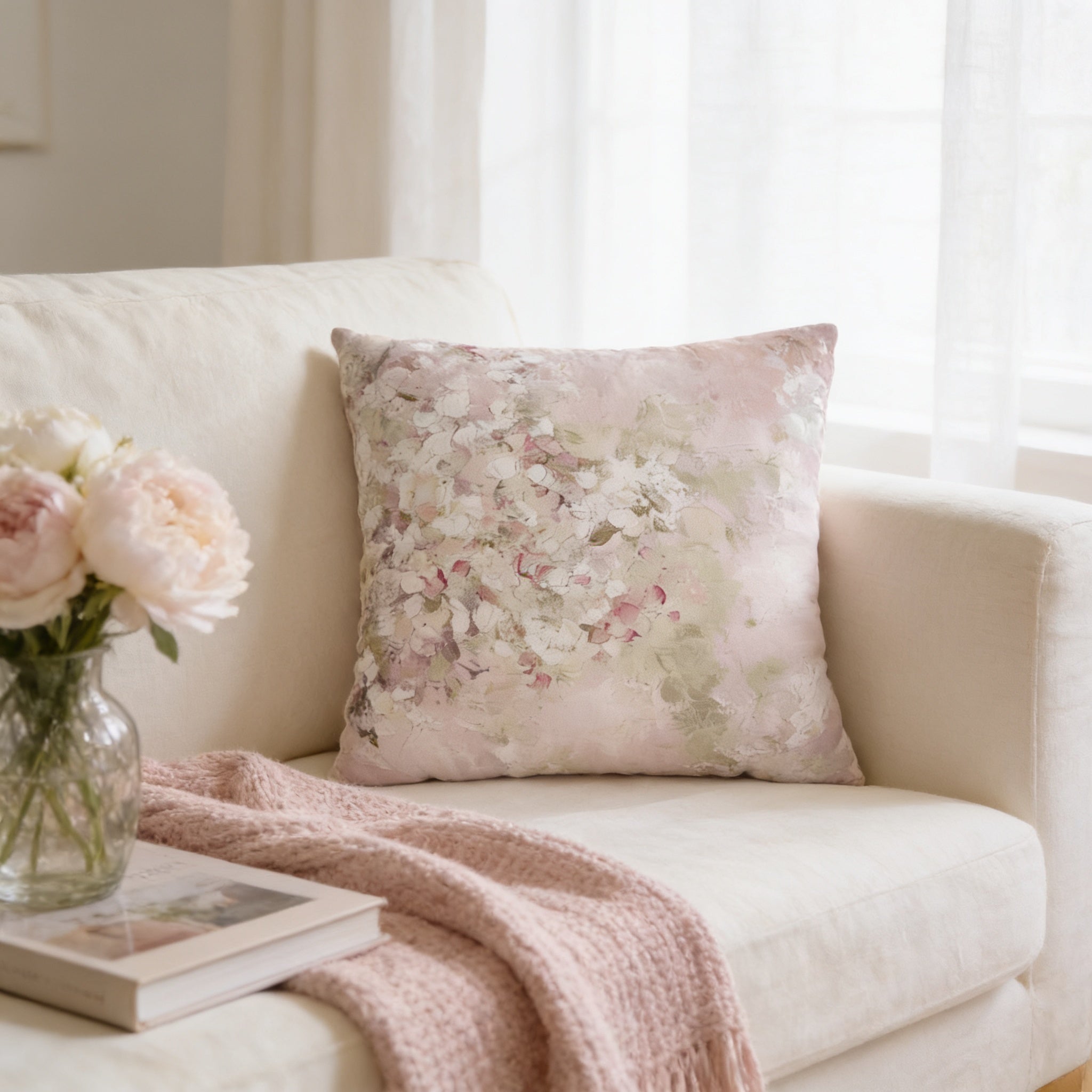 a cozy living room with a white sofa adorned with a floral throw pillow, a vase of pink flowers, and a book on the armrest.