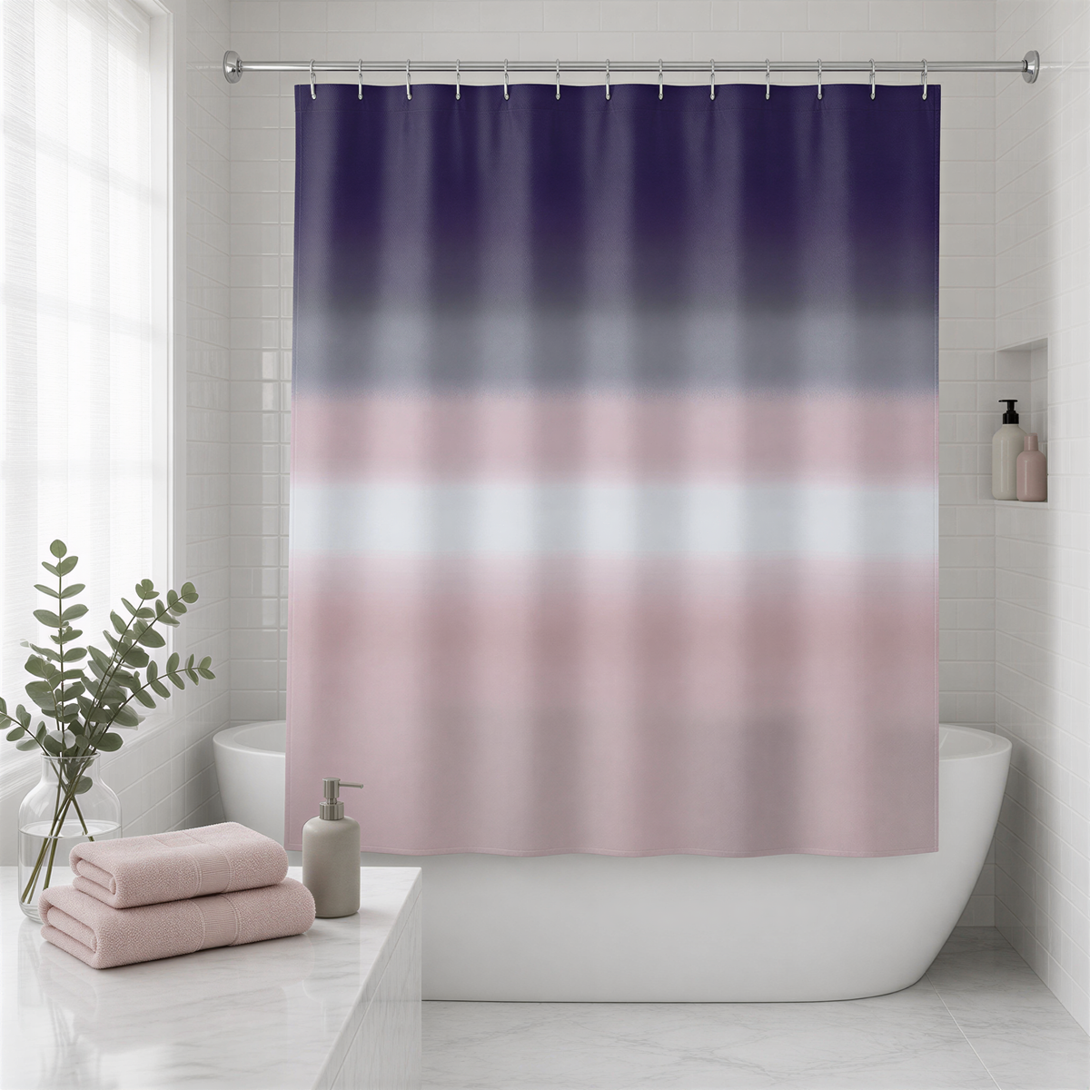 a bathroom with a white bathtub, a shower curtain with a gradient of pink and purple colors, and a small plant on the counter.