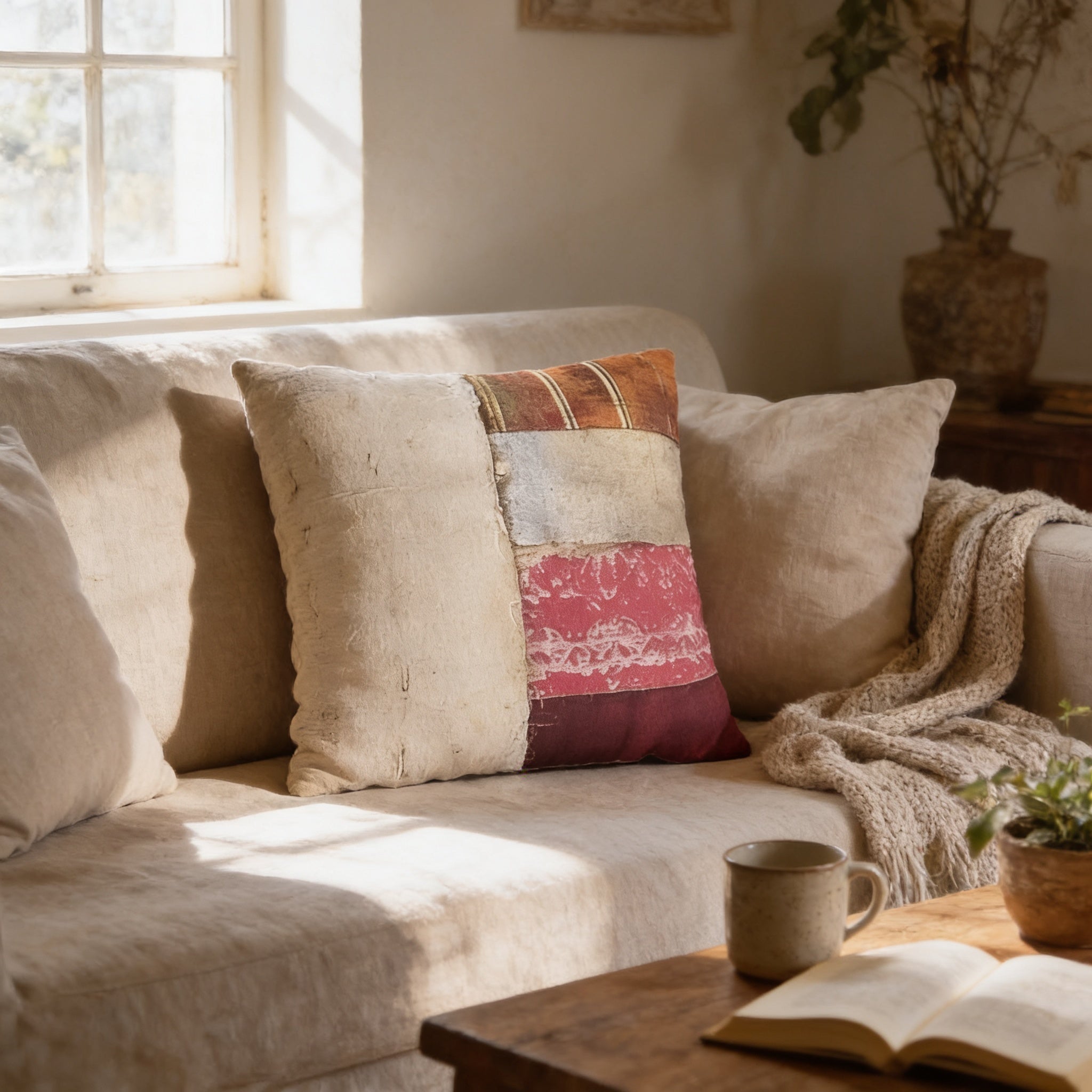 a cozy living room with a beige sofa adorned with a colorful throw pillow. A coffee table in front of the sofa holds a book and a mug, creating a comfortable and inviting atmosphere.