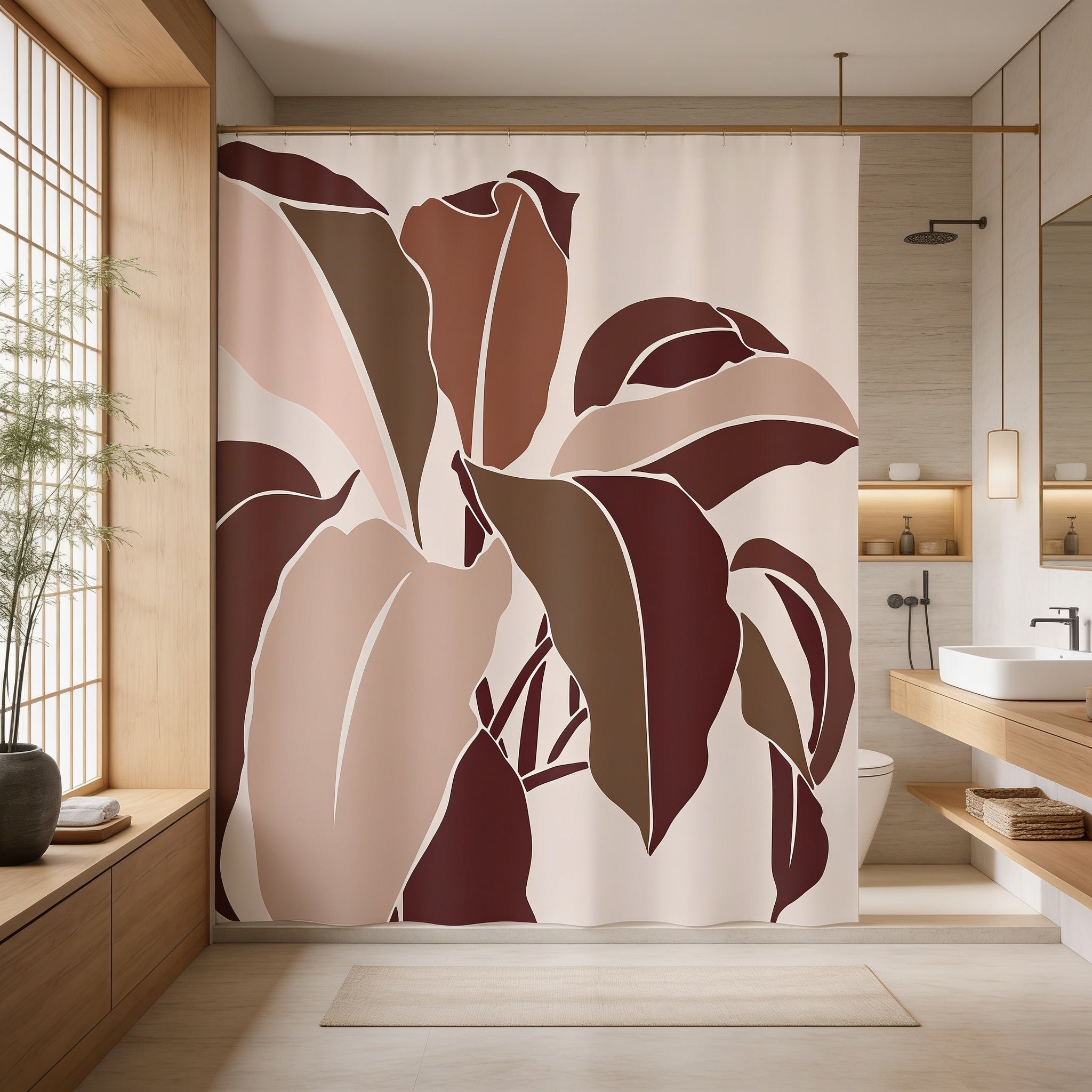 a modern bathroom with a large, abstract floral pattern on the wall behind the sink.